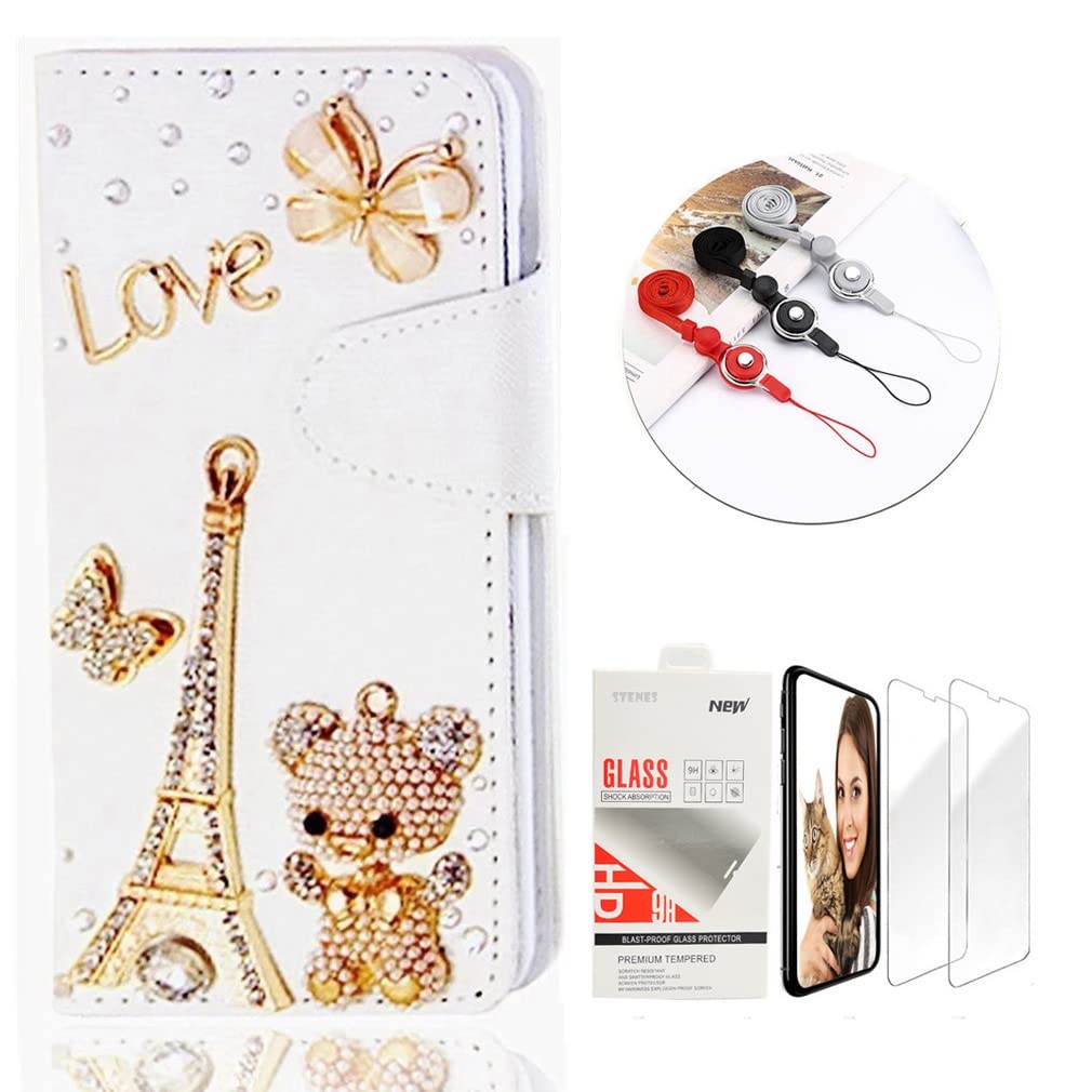 STENES Bling Wallet Phone Case for iPhone 7 Plus/8 Plus - 3D Handmade Eiffel Tower Bear Butterfly Design Leather Cover with Screen Protector & Neck Strap - Gold | Stylish Protective Case for Women, Girls | Perfect for Parties, Travel & Everyday Use