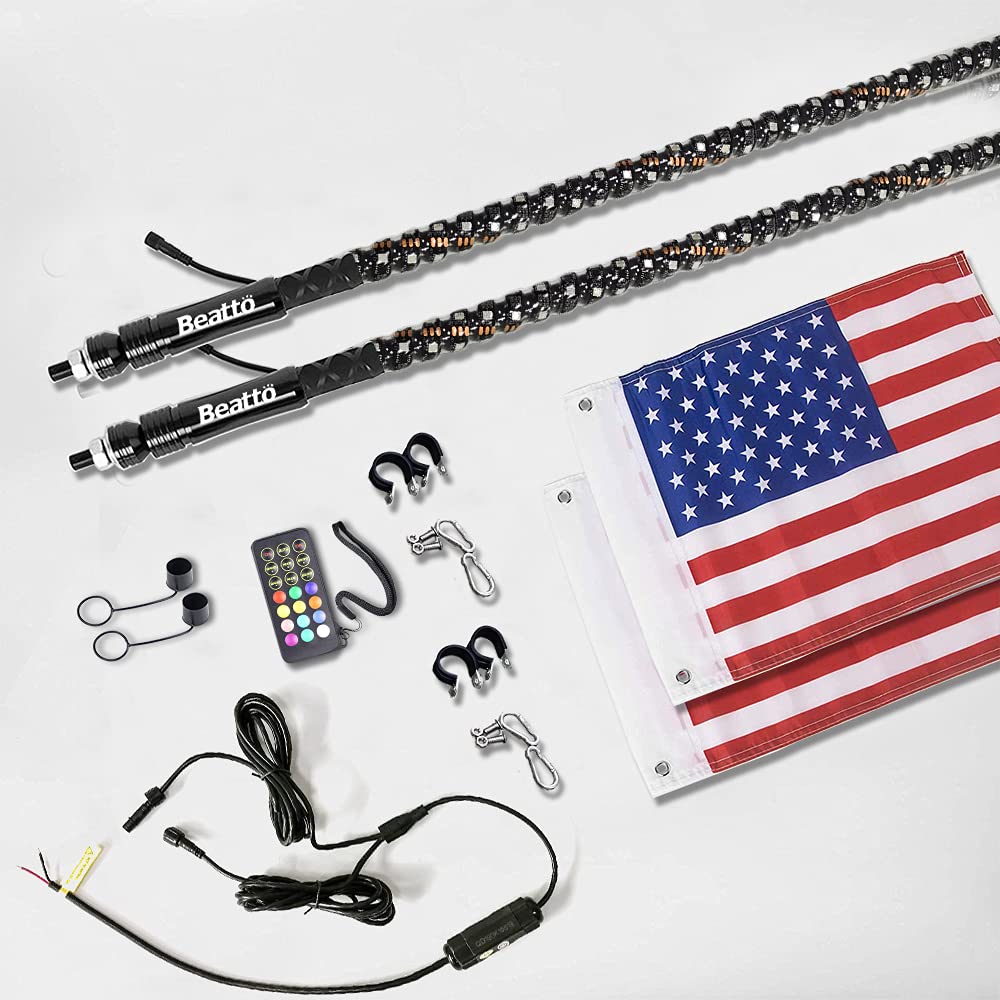 2PCS 4FT(1.2M) RF Remote Control RGB LED Whip Lights with Dancing/Chasing Effects - Waterproof LED Antenna Lights for Off-Road Vehicles, ATV, UTV, RZR, Jeep, Trucks - Perfect for Night Rides, Dune Bashing & Outdoor Adventures