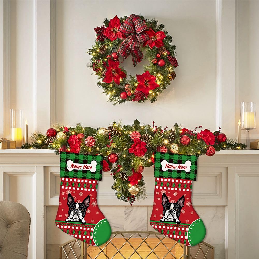2 Pack Custom Merry Christmas Stockings - Red Buffalo Plaid with Cute French Bulldog Dog & Bone Design, 14.4 Inch Holiday Decor for Fireplace Mantel, Xmas Tree, and Festive Home Decorations