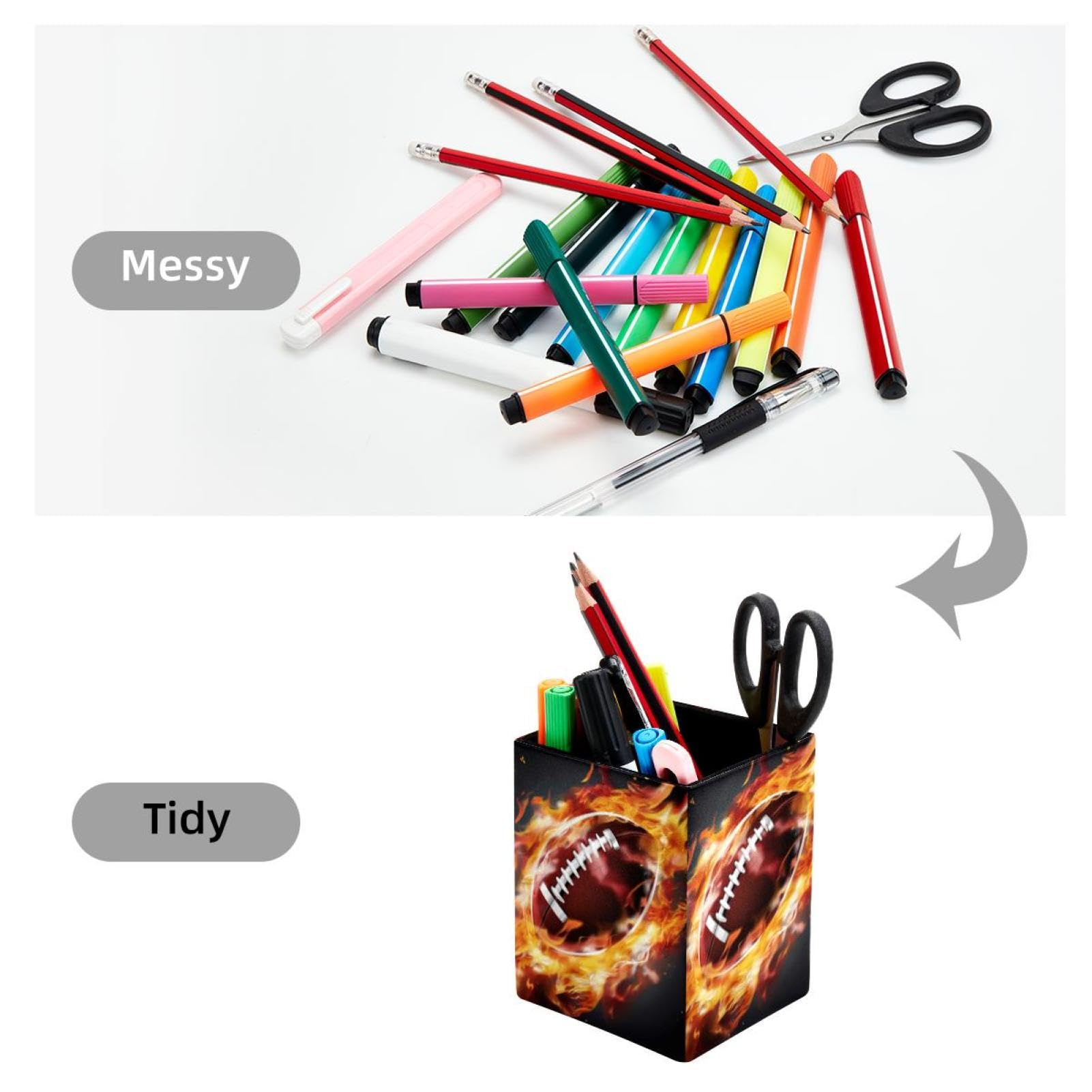Premium Desk Pen Holder & Pencil Organizer - American Football & Fire Design - Office Supplies for Home, School & Workplace Organization