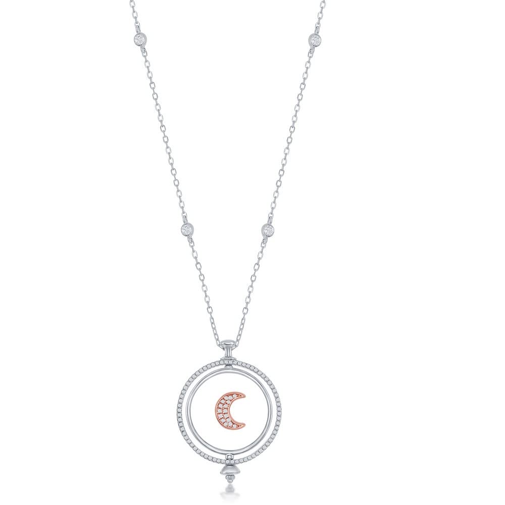 Elegant Sterling Silver Rose Gold Plated Crescent Moon Necklace with CZ Border & Spinning Disc - Perfect for Date Nights, Gifts & Special Occasions