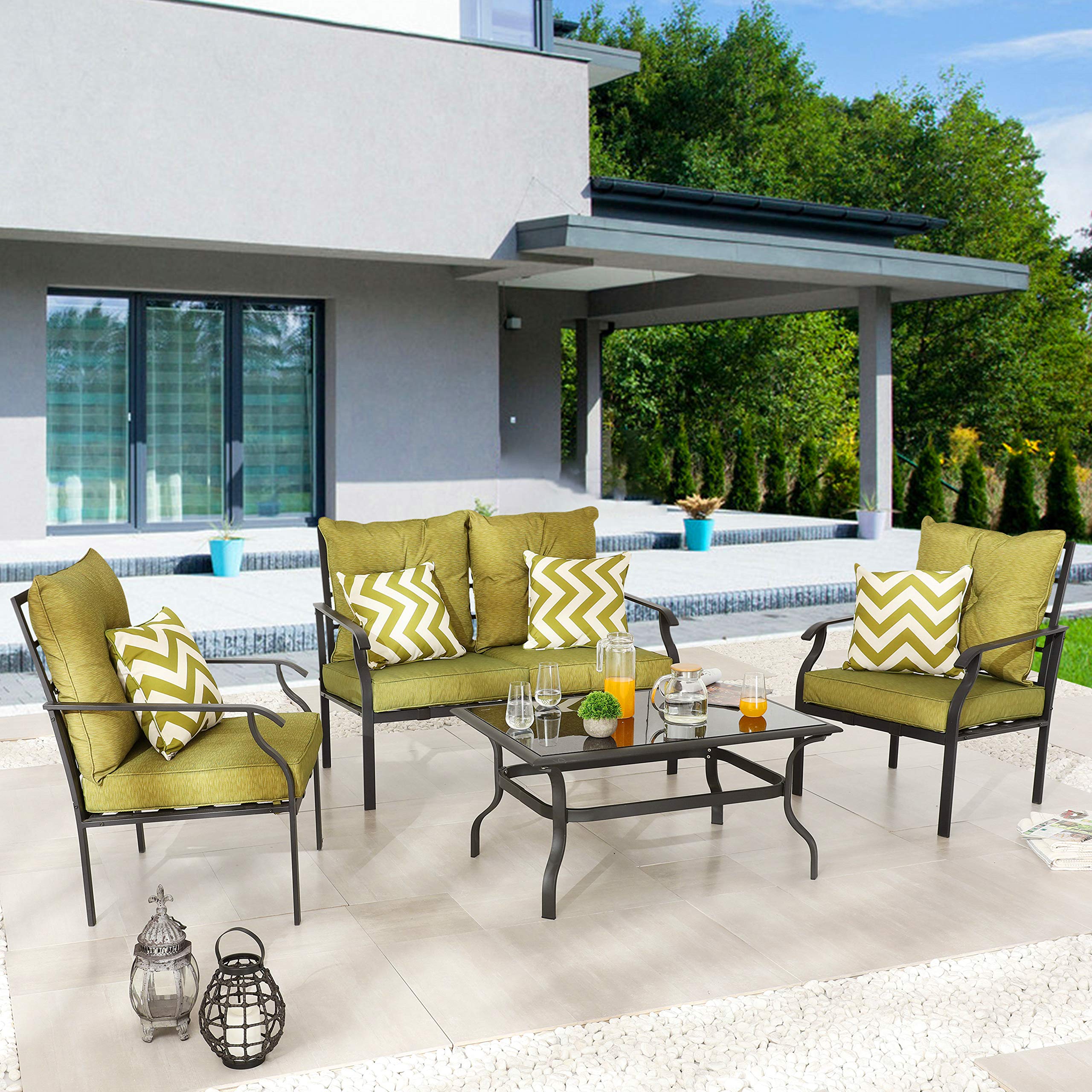 LOKATSE HOME 4-Piece Outdoor Patio Furniture Set with Coffee Table, Loveseat and 2 Chairs - Green | Weather-Resistant Wicker Conversation Set for Garden, Poolside or Backyard Relaxation