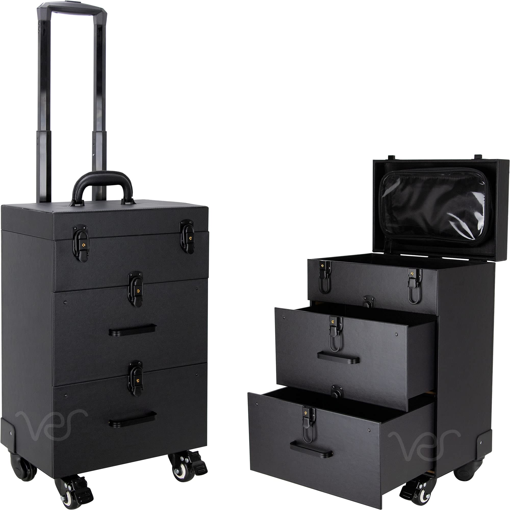Ver Beauty Rolling Makeup Trolley Case - 360° Swivel Wheels Professional Cosmetic Organizer for Salon, Hair Stylist & Nail Artists - Faux Leather Black | Perfect for Mobile Beauty Services & Salon Organization