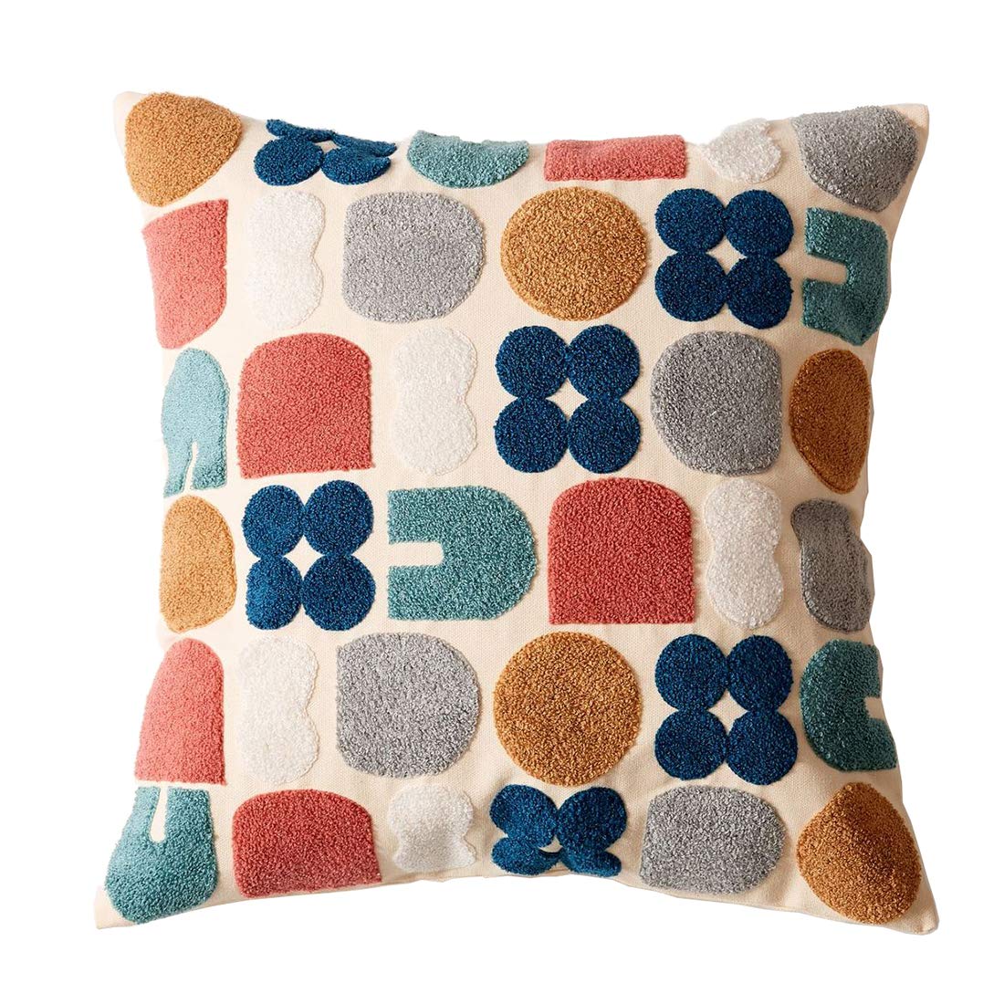 Boho Geometric Tufted Throw Pillow Cover 18x18 Inches - Farmhouse Cotton Embroidery Decorative Cushion Case for Sofa, Couch & Bed - Perfect for Living Room, Bedroom & Home Decor (EmbroideryK)
