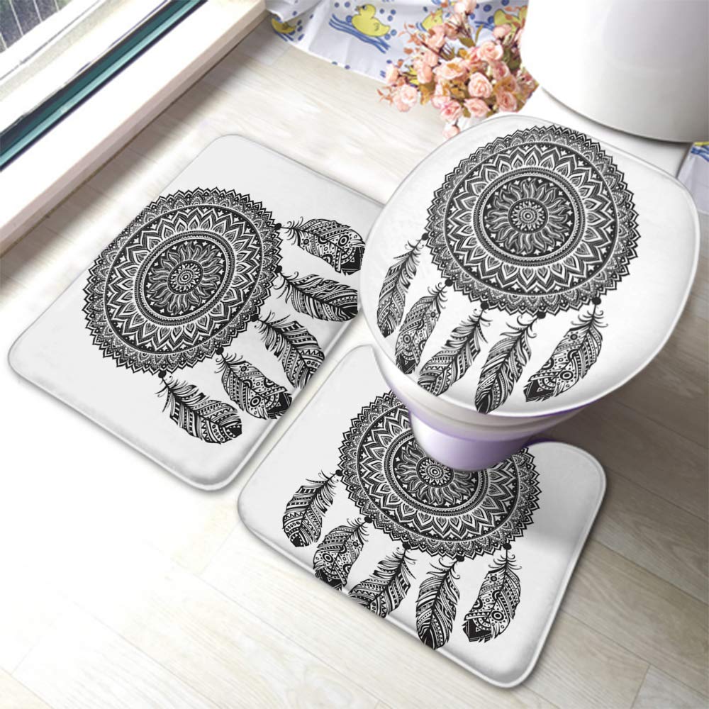 Swono Dream Catcher Bath Mat Set - 3 Piece Non-Slip Bathroom Rug with Tribal Pattern, Soft Absorbent Floor Mats for Hotel & Spa - Perfect for Bathroom, Toilet and Shower Areas
