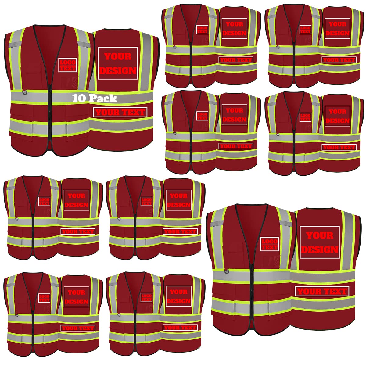 Custom Logo Class 2 Reflective Safety Vest - High Visibility Work Vest with 5 Pockets & Zipper - Ideal for Construction, Road Work & Emergency Responders