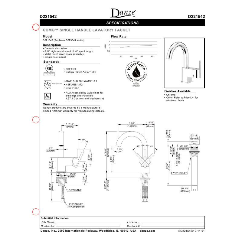 Danze Como Chrome Single Handle Centerset Bathroom Sink Faucet with Touch Down Drain - Perfect for Modern Bathroom Renovations & Small Space Installations