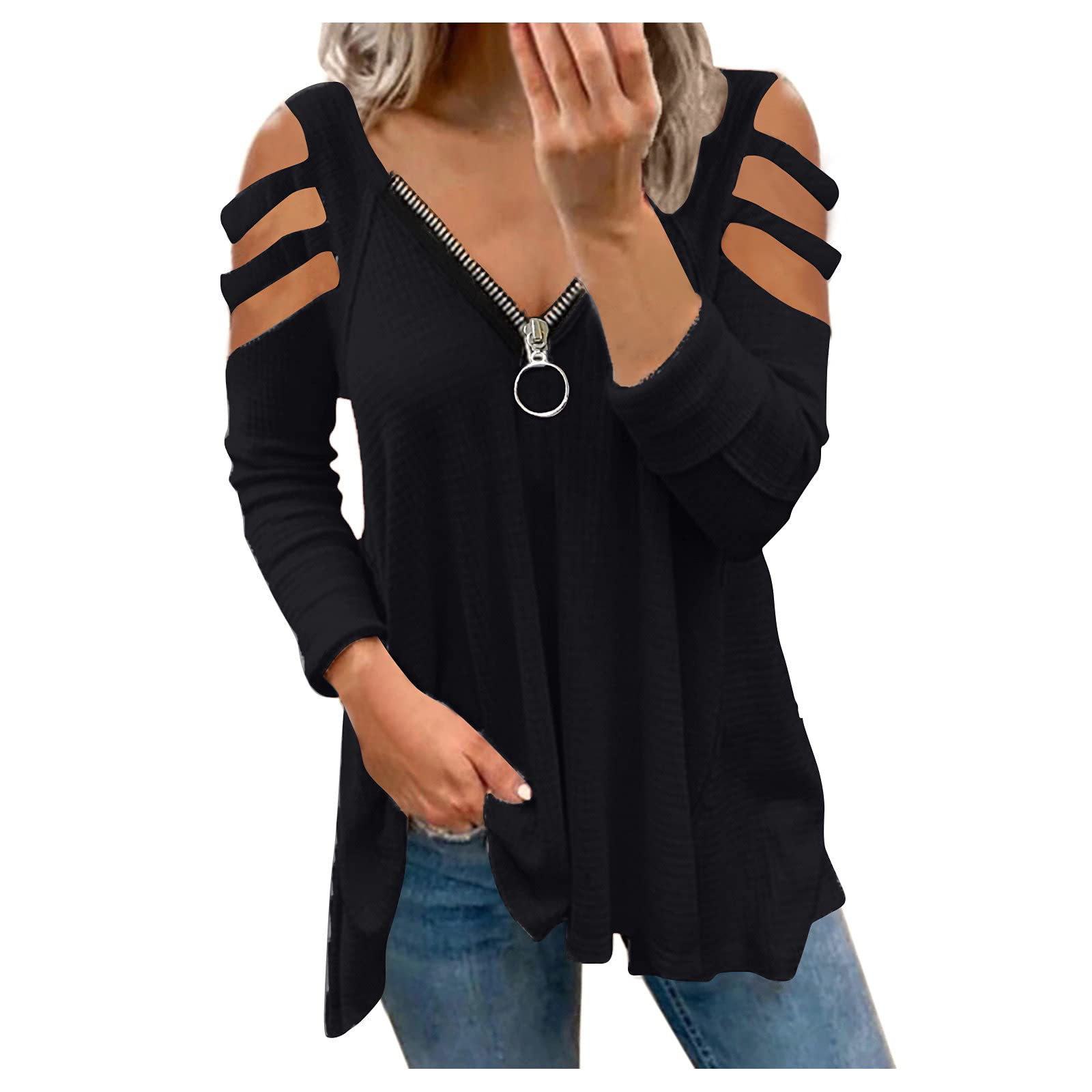 Women's Sexy V-Neck Zipper Long Sleeve Blouse - Foldable Casual Tops & Sweater for Halloween & Everyday Wear | Party Outfits, Date Night & Office Fashion