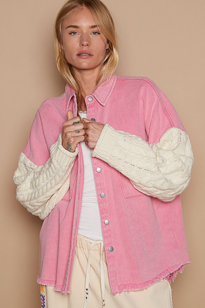 Stylish Contrast Sweater Sleeve Button Down Shacket Jacket for Men & Women | Cozy Fall & Winter Layering Essential | Perfect for Casual Outings, Office Wear & Outdoor Activities