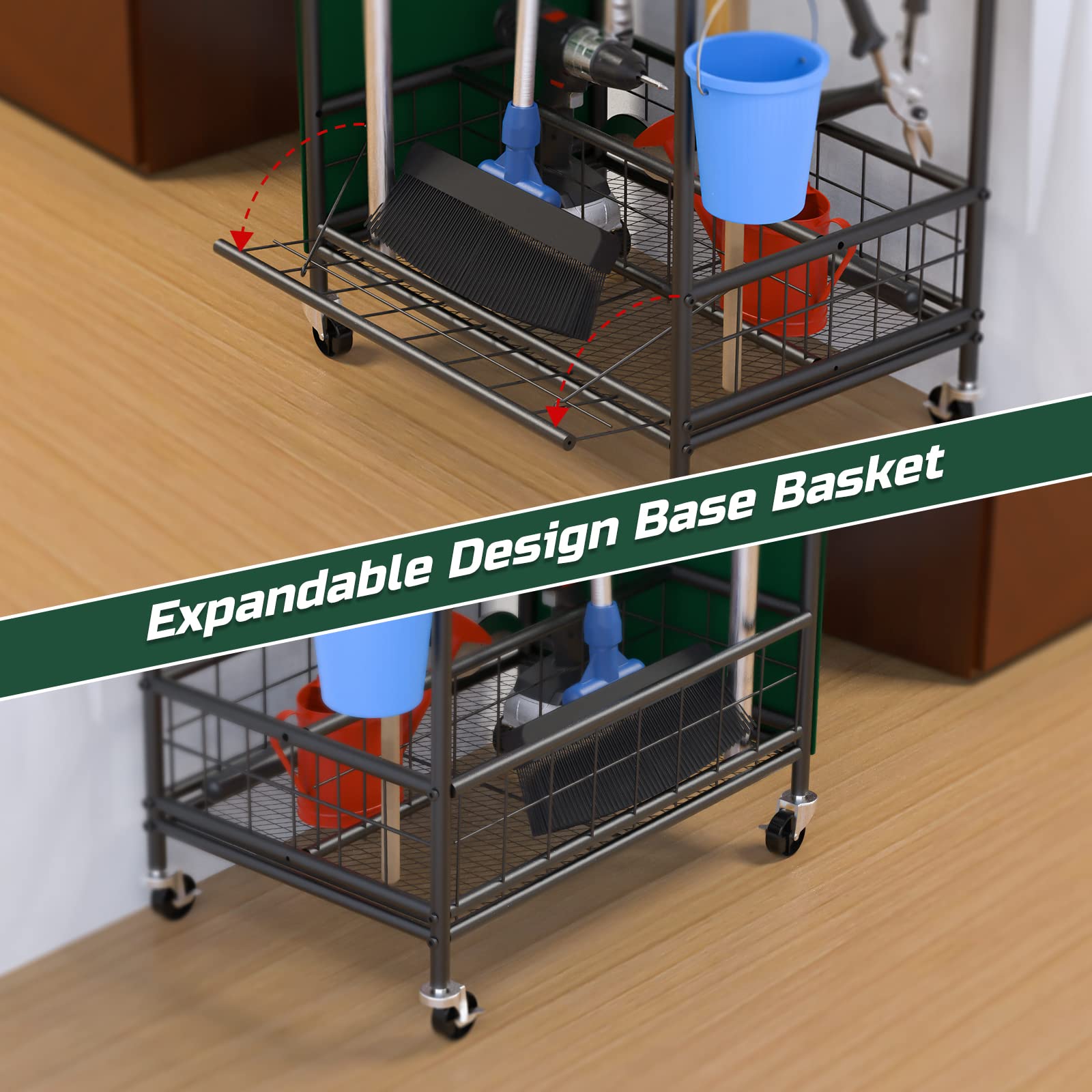 Black Heavy-Duty Garden Tool Organizer with Wheels & Storage Hooks - Yard Tool Stand for Garage, Shed & Outdoor Storage - Perfect for Organizing Rakes, Shovels & Gardening Equipment