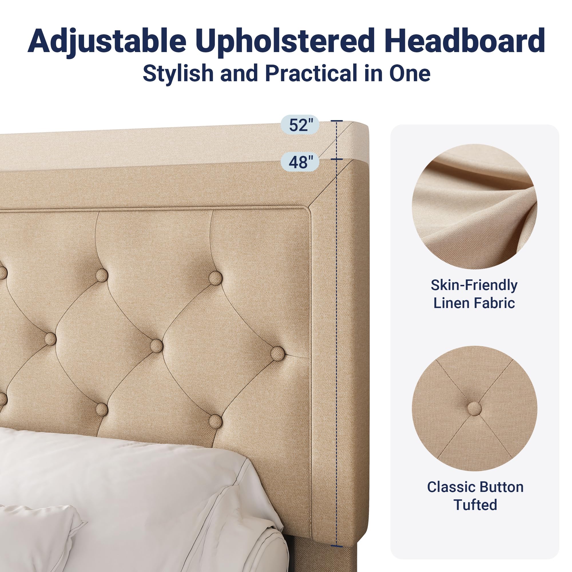 Allewie Full Size Button Tufted Fabric Upholstered Bed Frame with Adjustable Headboard, Wood Slat Support & Mattress Foundation in Beige - Perfect for Master Bedrooms, Guest Rooms & Modern Home Decor