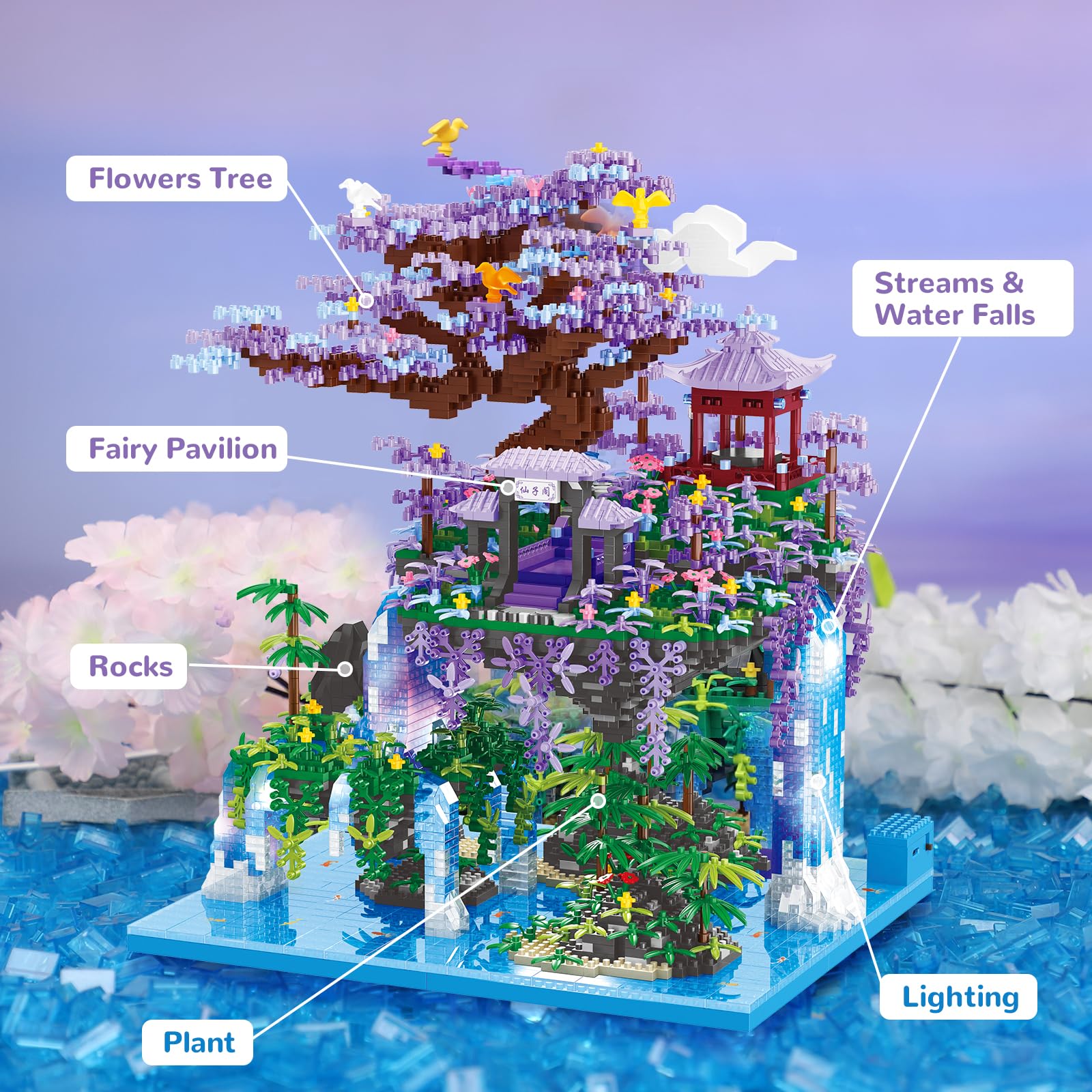 Moon Palace Pavilion Building Blocks Set - 4574pcs Micro Miniature Bonsai Tree House with LED String Lights & Flowers - Creative DIY Model Kit for Adults & Kids | Home Decor, Gift Idea, Stress Relief Activity