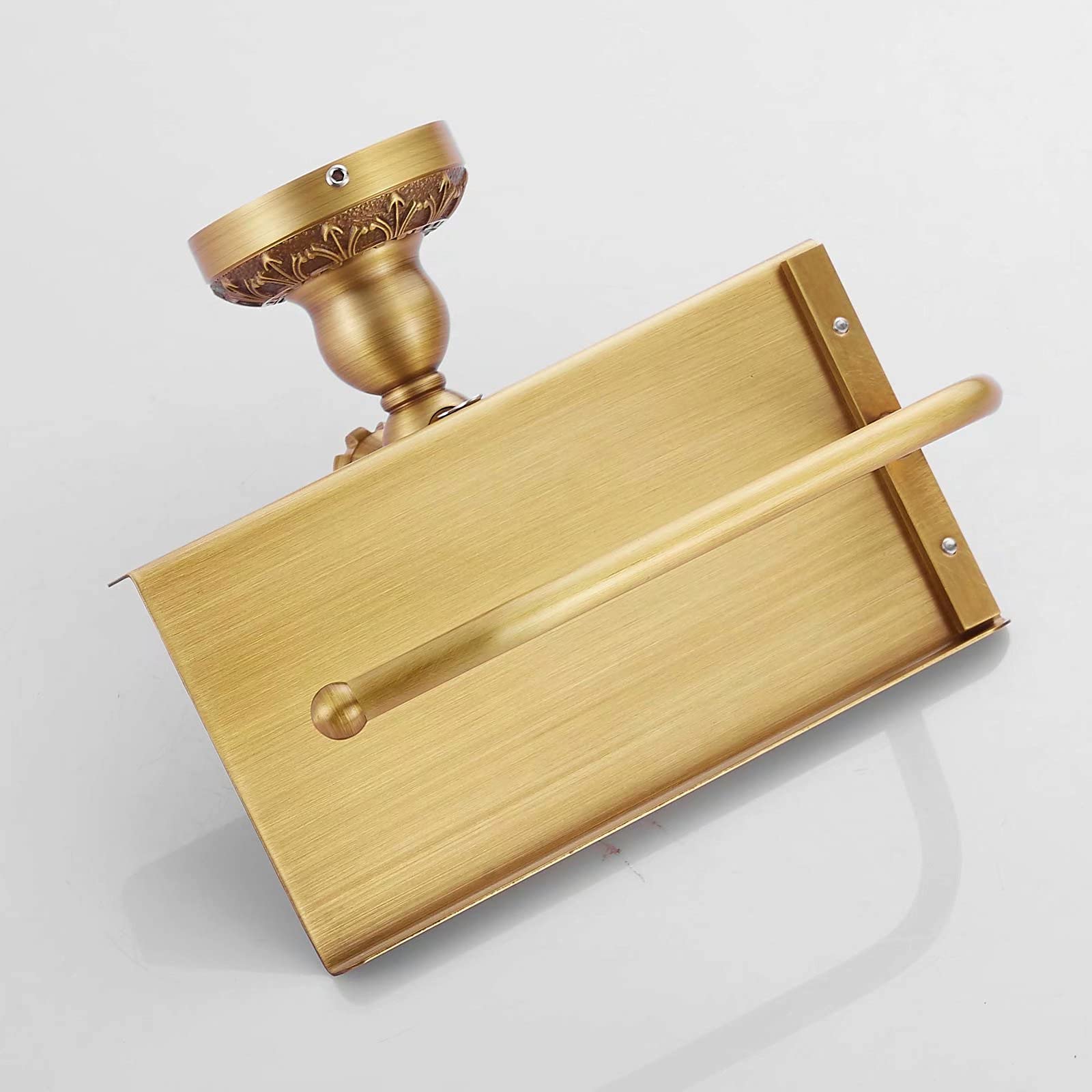Beelee Solid Brass Wall-Mounted Toilet Paper Holder with Phone Shelf - Antique Brass Bathroom Tissue Roll Dispenser - Perfect for Bathroom, Powder Room & Vanity Organization