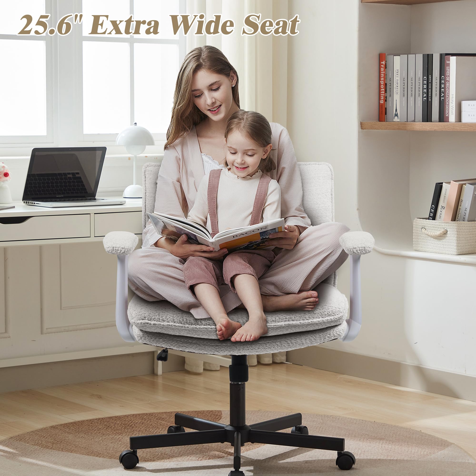 Ergonomic Cross-Legged Office Chair with Wheels & Flip-Up Armrests - Comfortable Upholstered Criss Cross Desk Chair for Home Office, Study, Vanity & Small Spaces - Beige Modern Seat for Working, Reading & Relaxing