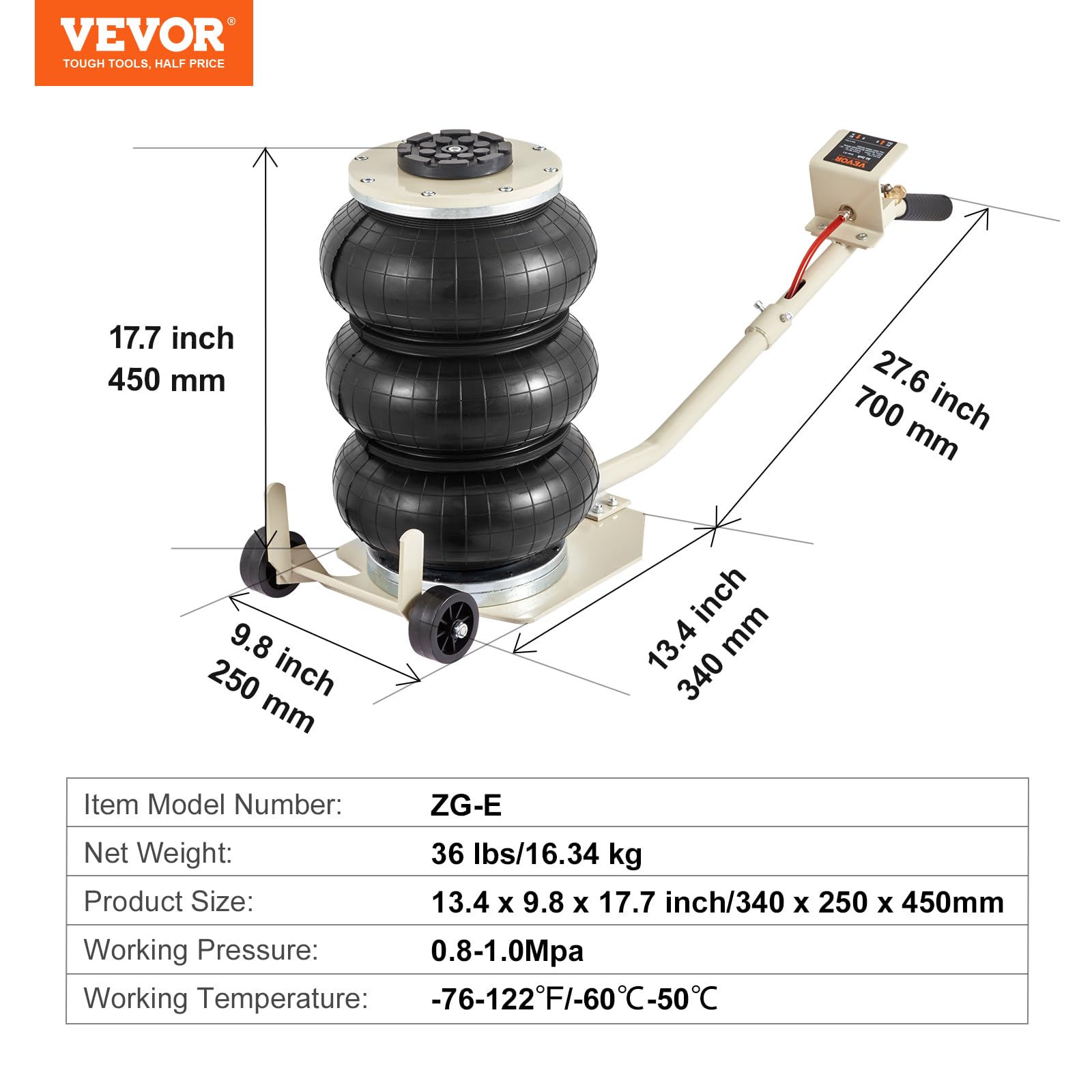 VEVOR 3T/6600 lbs Triple Bag Air Jack - Heavy Duty Pneumatic Lift with 6 Steel Pipes & Long Handles (17.7 Inch/450mm Lift, 3-5s Fast Raising) - Ideal for Car Repair, Garage Maintenance & Emergency Vehicle Lifting