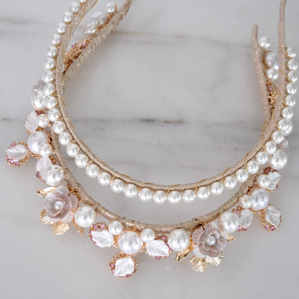 A'el Este Aubrey Gold Bridal Pearl Headband – Elegant Wedding Hair Accessory for Brides, Bridesmaids, and Special Occasions