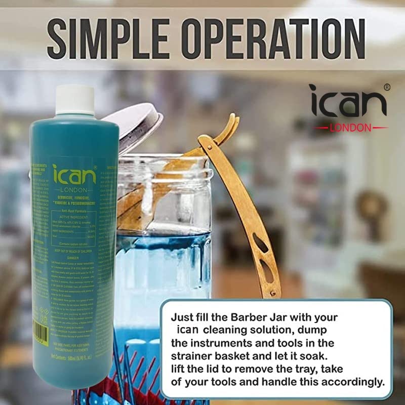 ican London Disinfectant Solution 500ml - Salon Barbicide Jars, Medical & Athletic Equipment Disinfectant (Turquoise Blue) | Ideal for Nail Salons, Barber Shops & Gym Equipment Sanitization