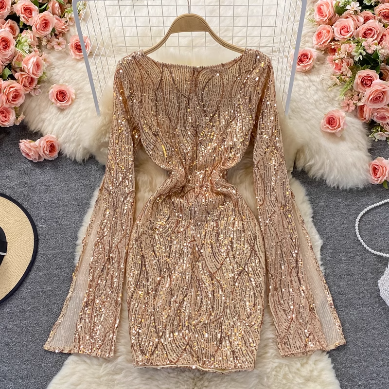 Sexy Sequined V-Neck Short Dress Long Sleeve Sheath Party Dress for Women - Perfect for Holiday Parties, Night Out, and Special Occasions