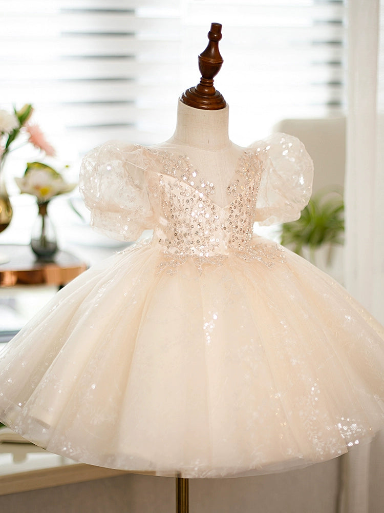 Champagne Princess Round Tea Length Sequined Flower Girl Dress for Weddings, Bridal Party, and Special Occasions