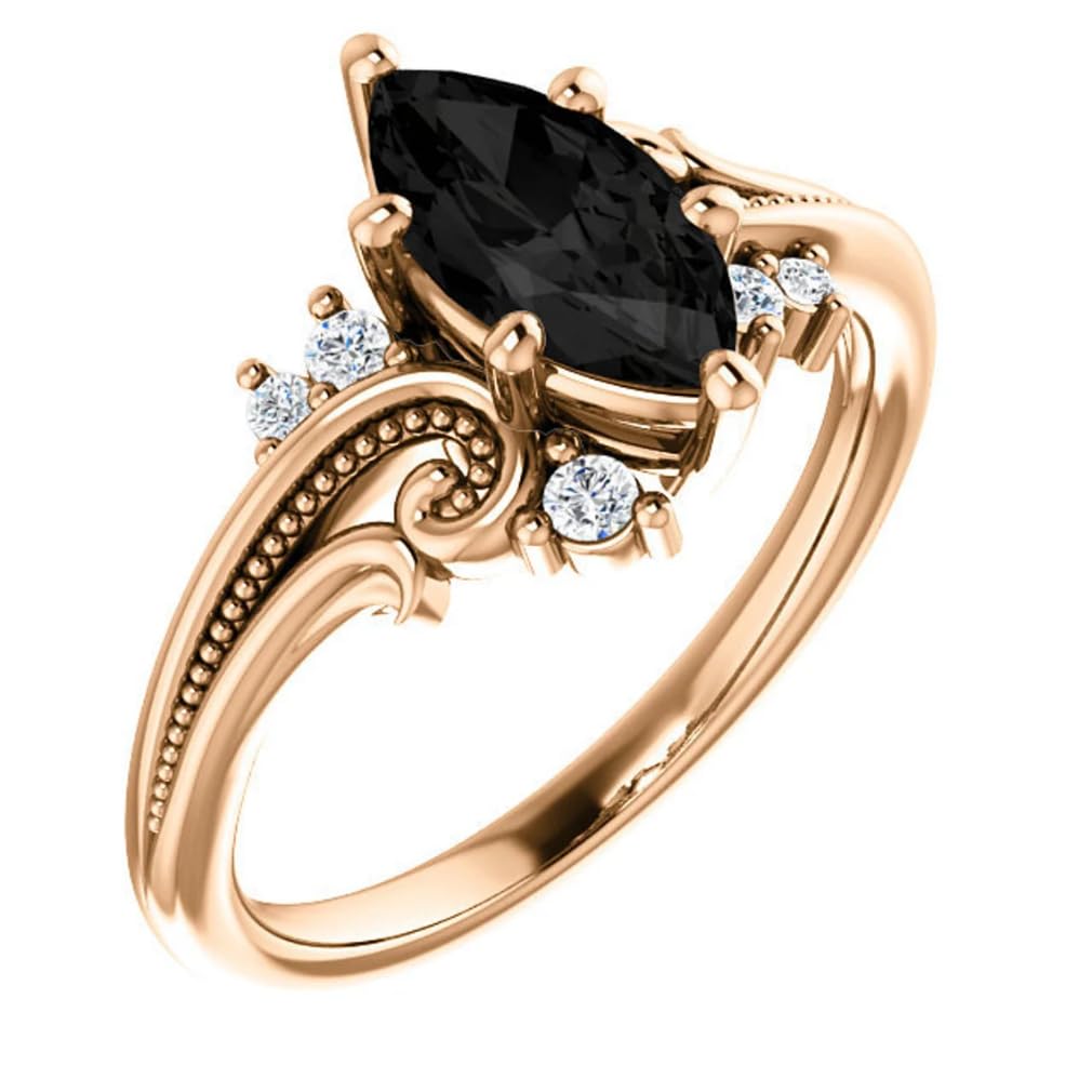 1CT-3CT Marquise Cut Black Diamond Engagement Ring - Solitaire Milgrain Black Onyx Anniversary Ring for Women - 925 Silver/10K/14K/18K Gold (Yellow, White, Rose) - Perfect for Proposals, Weddings & Romantic Gifts