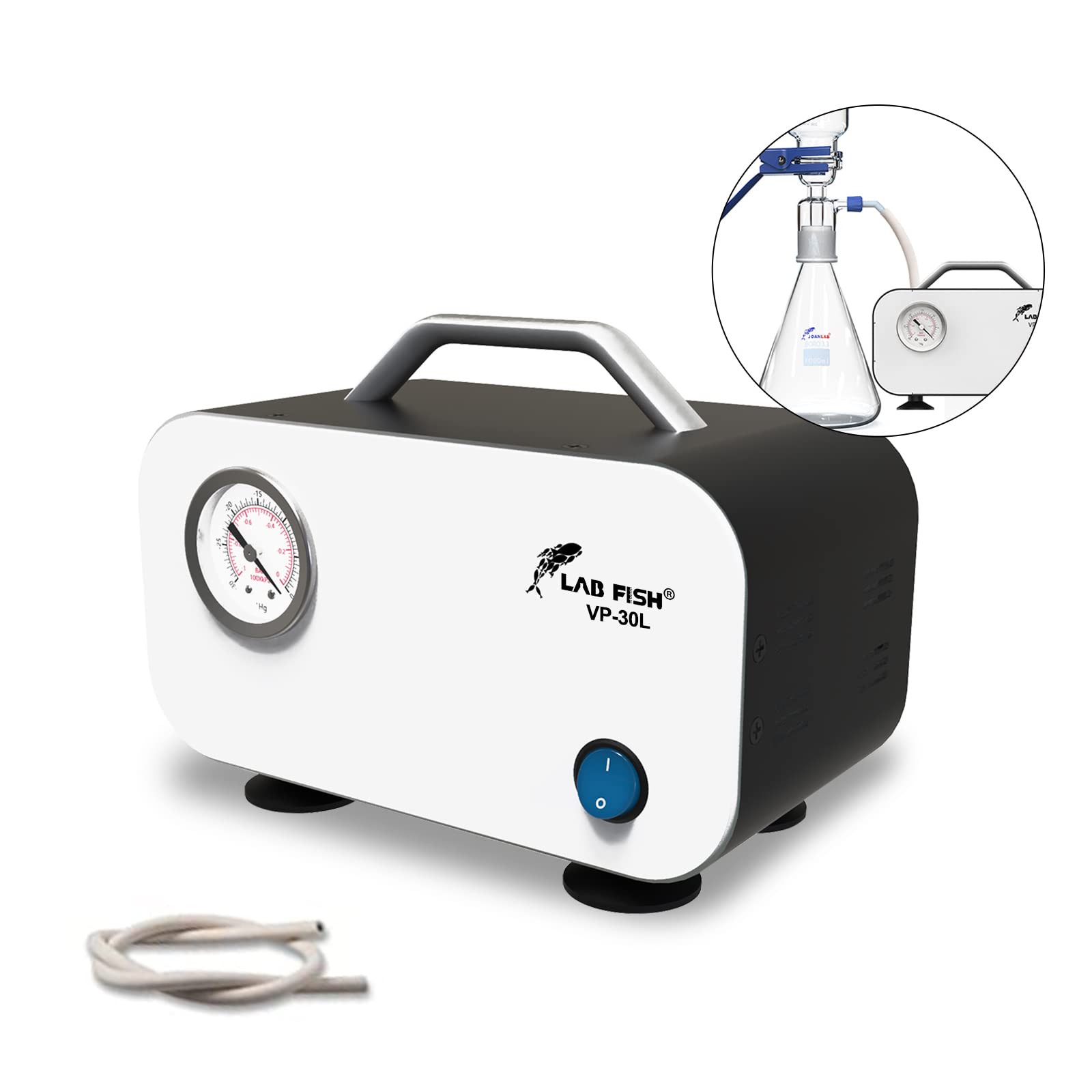 LAB FISH 30L/min Portable Oilless Diaphragm Vacuum Pump - High Efficiency Filtration System with Rubber Tube for Positive/Negative Pressure - Perfect for Chemistry Labs, Home Brewing & DIY Projects