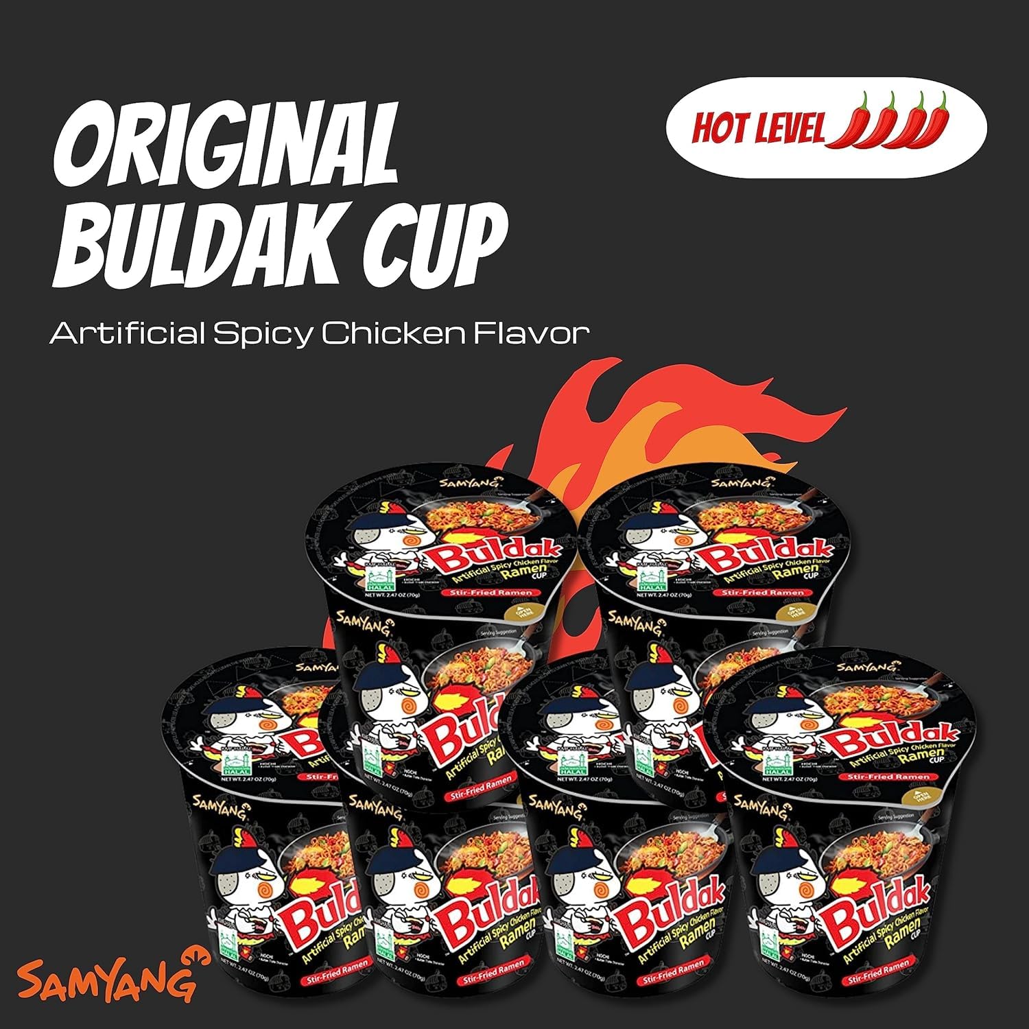 Samyang Buldak Spicy Hot Chicken Stir Fried Cup Noodles (6-Pack) - Instant Korean Ramen for Quick Meals, Snacks & Late Night Cravings