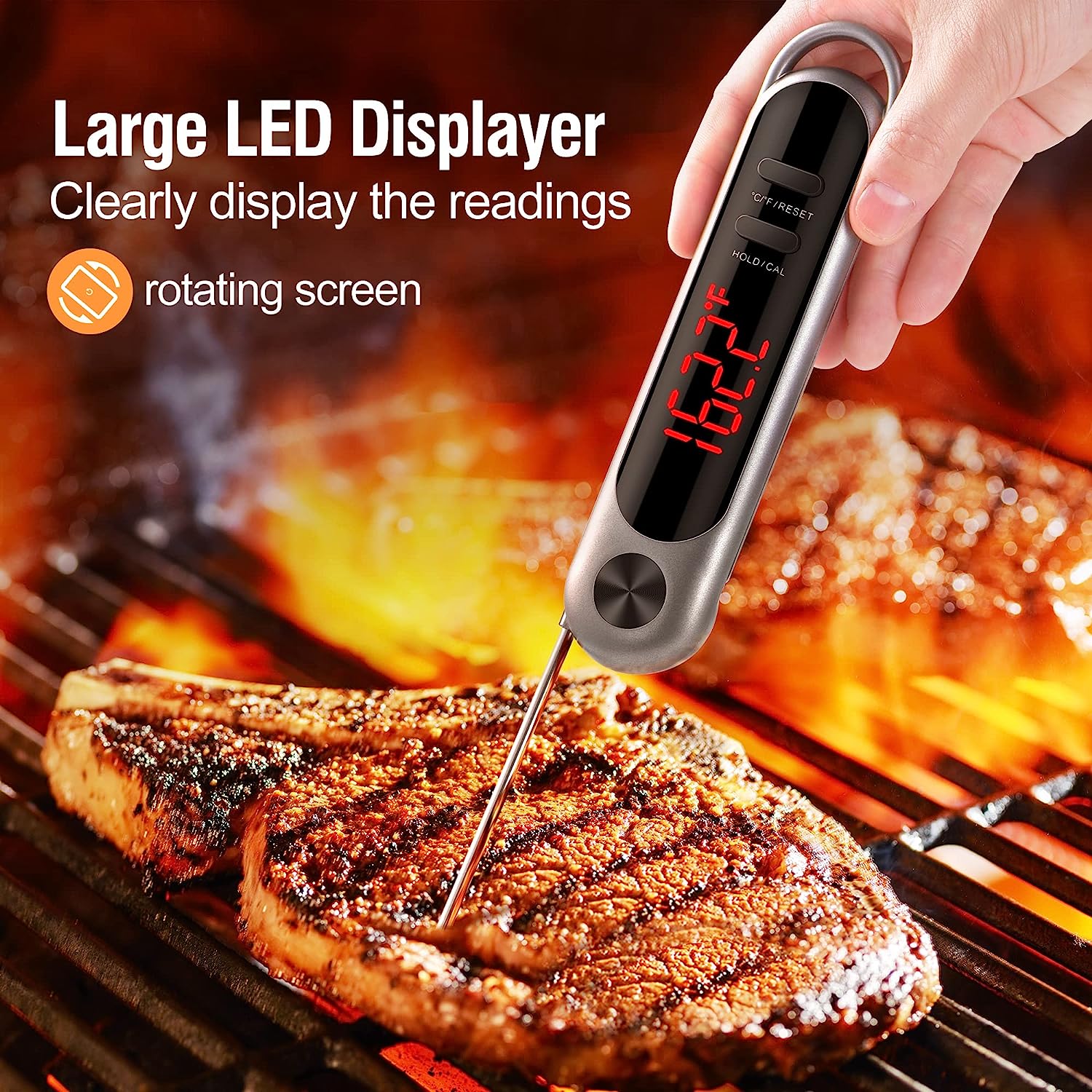 Digital Meat Thermometer for Grilling & Cooking - Instant Read Food Thermometer with Foldable Probe, Auto-Rotating Backlit Display, Lock & Calibration - Perfect for BBQ, Roasting, Baking & Kitchen Use