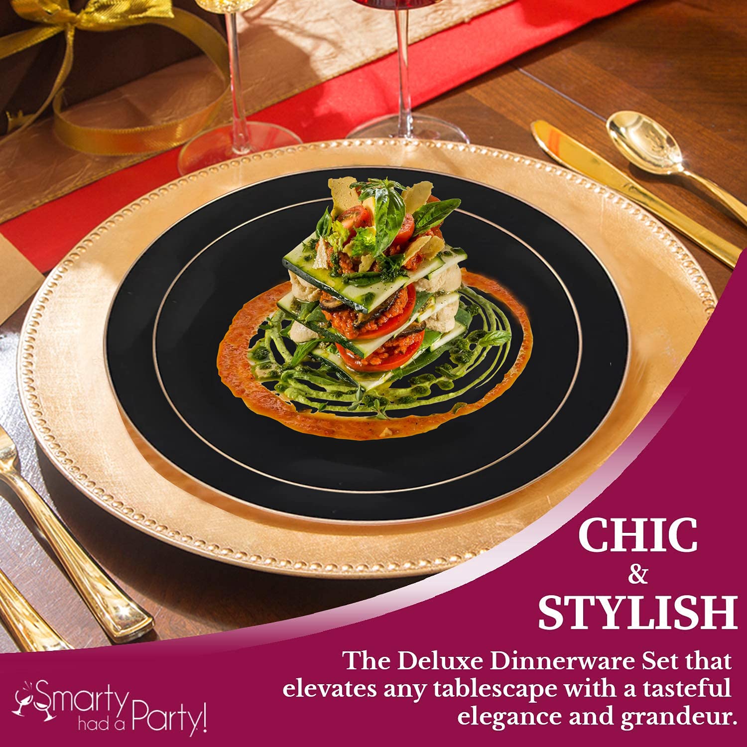 Eco-Friendly Disposable Plastic Plates with Elegant Rim Design - Bulk Round Dinnerware for Wedding, Birthday Party & Special Events (Black & Gold, 60-Piece Wedding Set) - Perfect for Catering, Outdoor Events & Large Gatherings