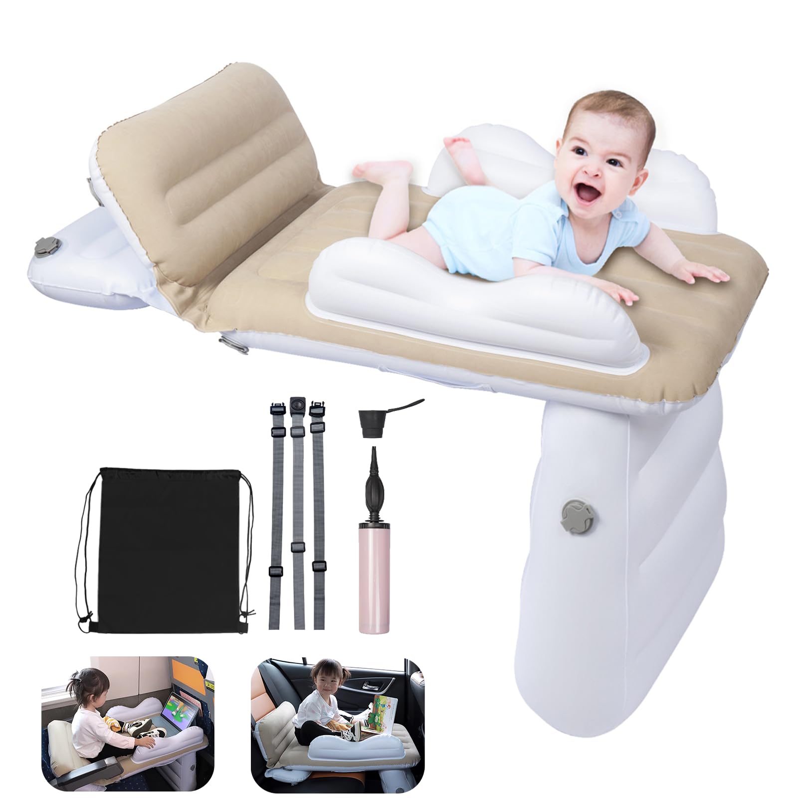 Inflatable Toddler Travel Bed - Portable Airplane Bed for Kids with Handpump & Safety Belt | Grey | Compact Travel Crib & Baby Seat Extender | Perfect for Air Travel, Road Trips & Sleepovers
