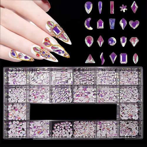 1000Pcs Flat Back Rhinestones for Nails - HOINCO Aurora Purple Nail Gems, 20 Styles Mixed Shapes Rhinestones for Nail Art, DIY Manicure Decorations with Professional Wax Pen & Tweezers - Perfect for Nail Salon, Home Manicure, and Party Glam Looks