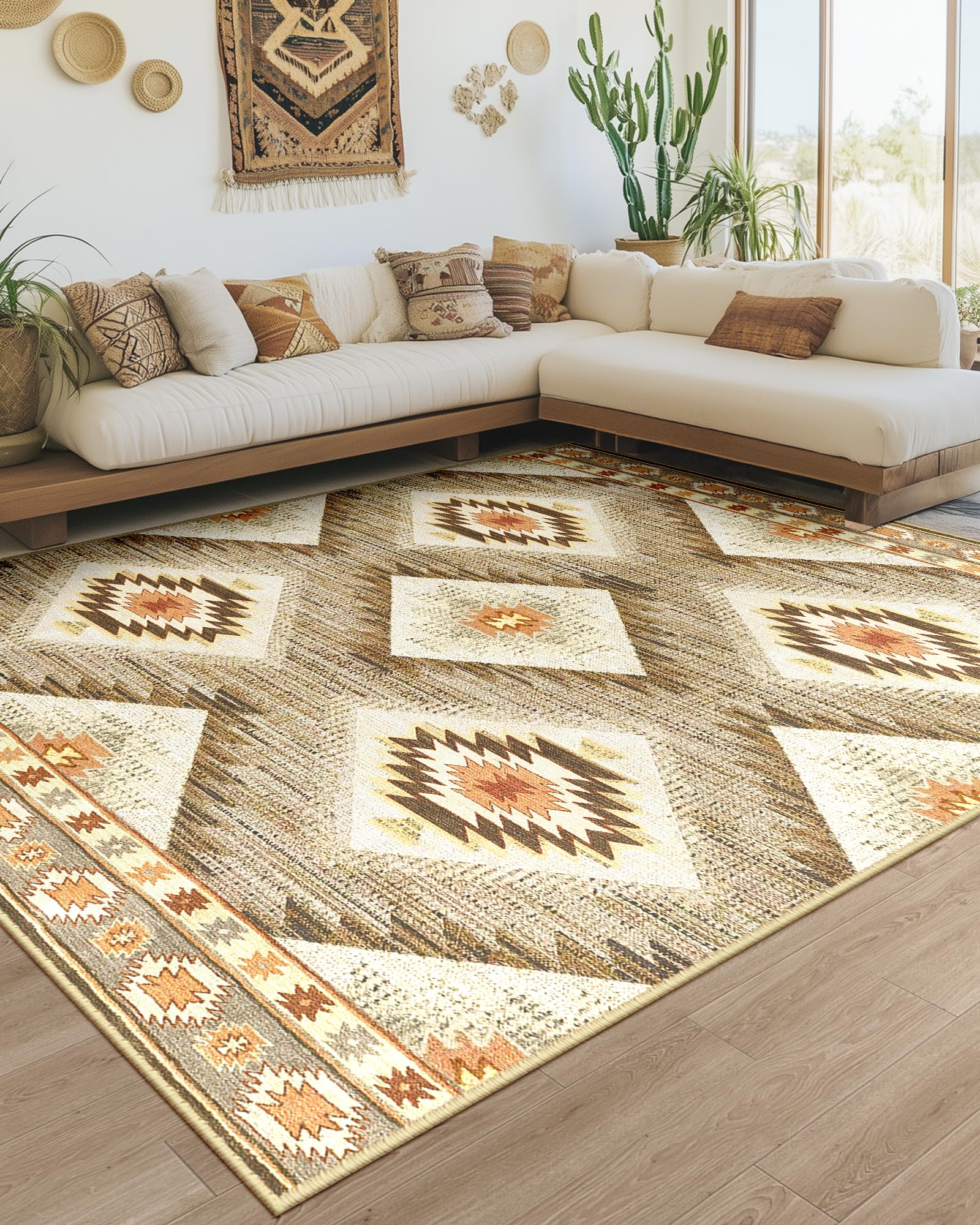 BESTSWEETIE 8x10 Machine Washable Non-Slip Low Pile Area Rug - Western & Aztec Print Pattern for Living Room, Bedroom, Entryway - Cream/Camel - Perfect for Home Decor, Dorm, Office & High Traffic Areas