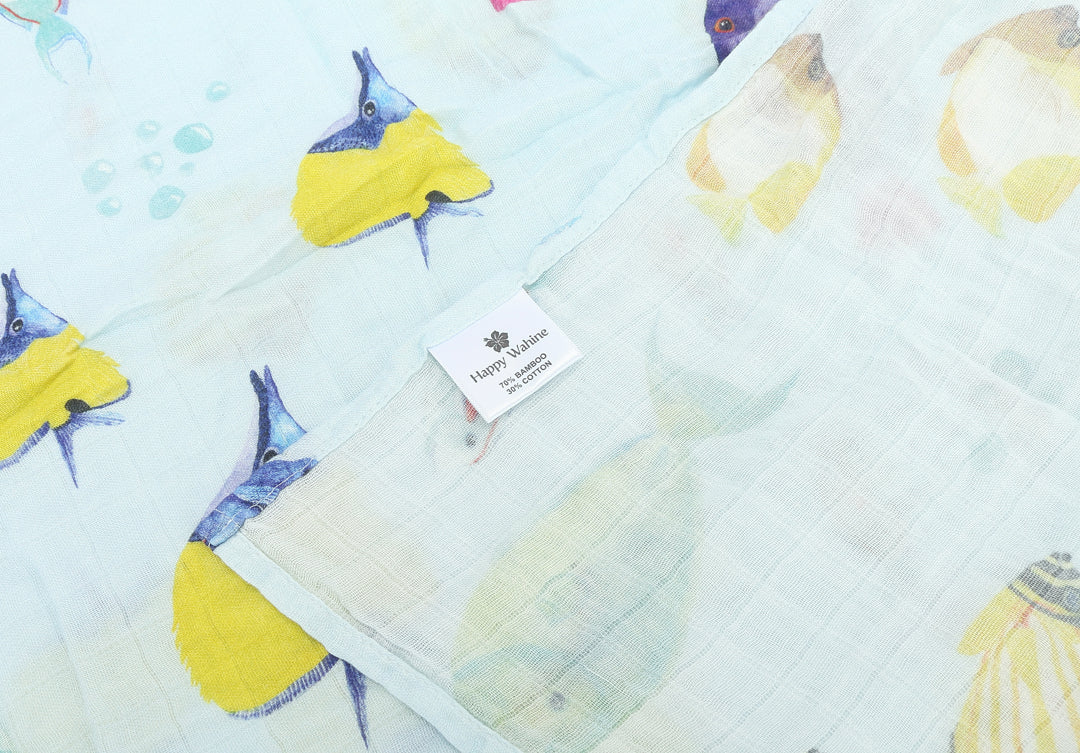 Premium Baby Muslin Swaddle Blanket - Soft & Breathable Fish 'Ohana Blue Design | Perfect for Newborn Swaddling, Nursery, and Gift Giving