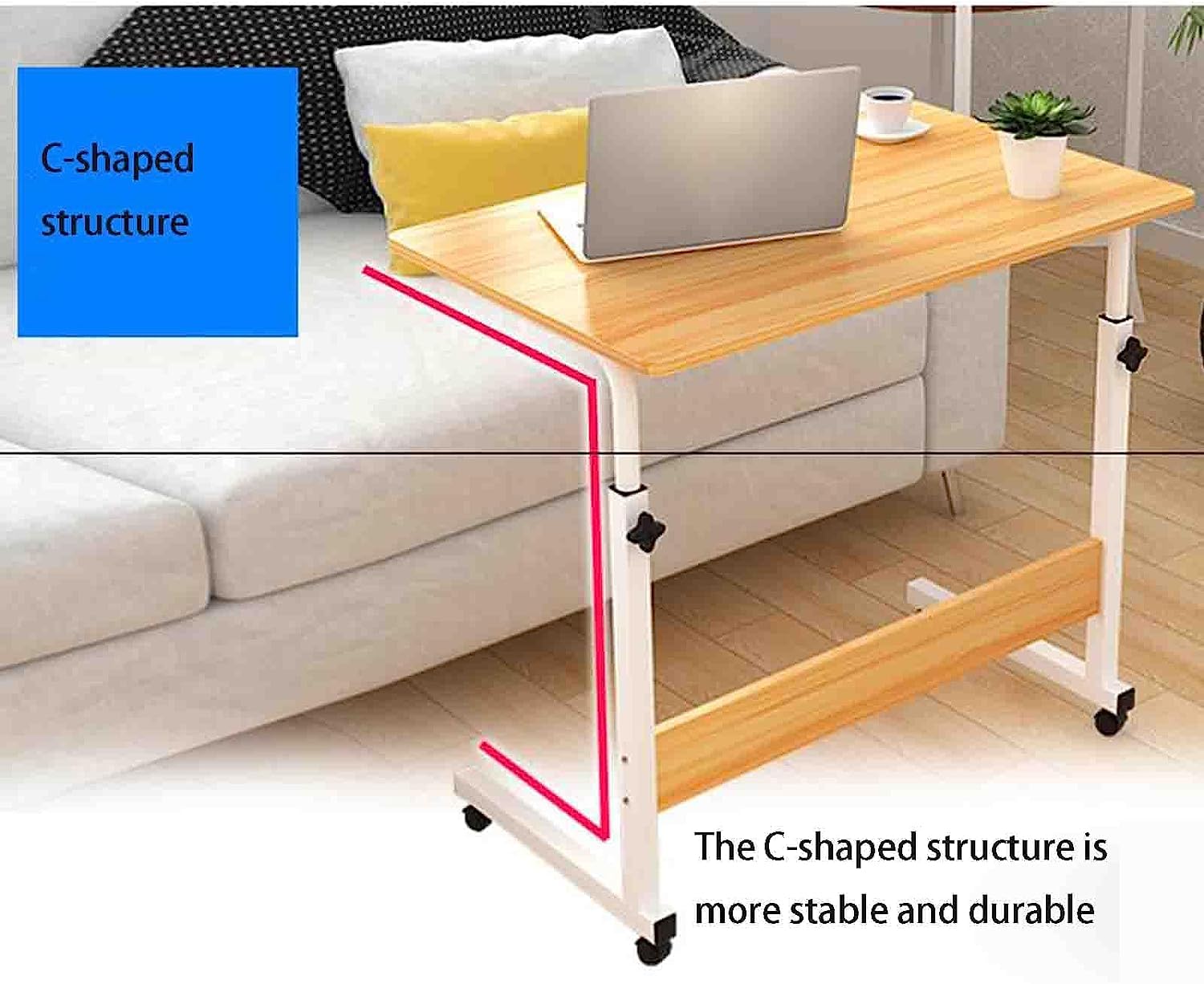 POCHY Adjustable Overbed Table with Wheels - Portable Laptop Desk, Lightweight Steel Frame & Fiberboard Top - Perfect for Bed, Sofa, or Office Use
