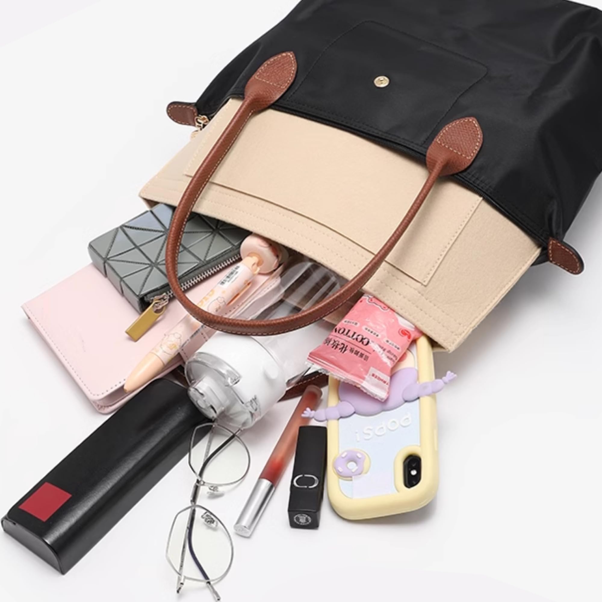 Premium Purse Organizer Insert for Longchamp Le Pliage Tote - Handbag Organizer with Cup Holder - Fits Large/Small LE PLIAGE Totes & Top Handle Bags (Beige, 11