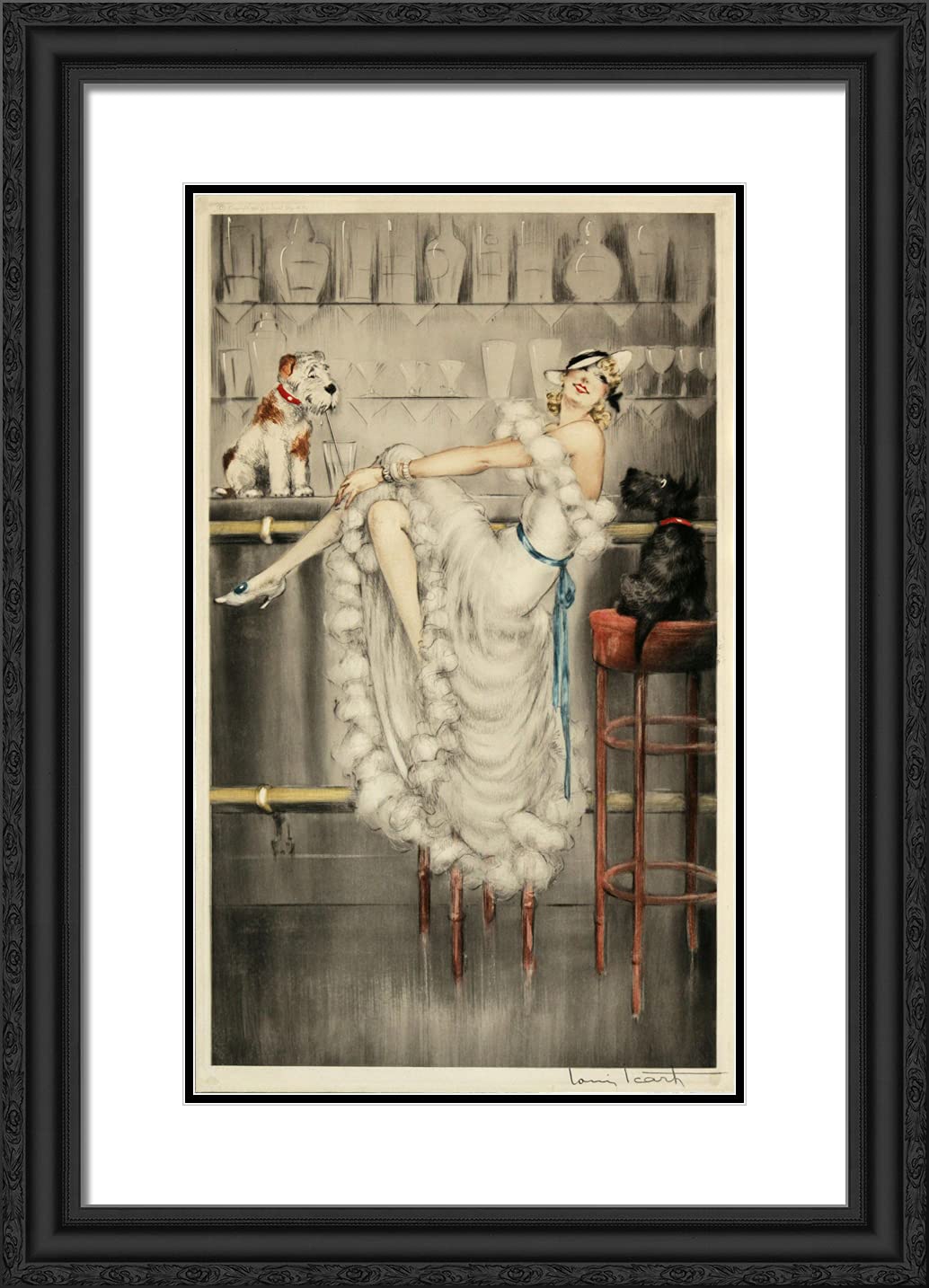 Louis Icart 'Gay Trio' 18x24 Black Ornate Framed Art Print with Double Matting - Vintage French Art Deco Wall Decor for Living Room, Bedroom & Office
