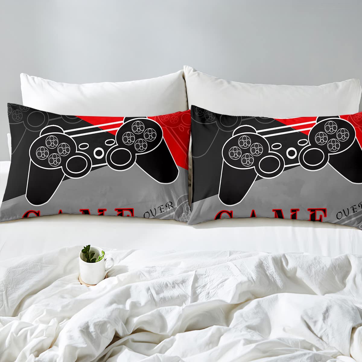 Boys Gaming Bedding Set - Full Size Black & Red Video Game Controller Comforter with 2 Pillowcases for Kids & Teens | Perfect for Gamer Bedroom Decor & Sleepovers