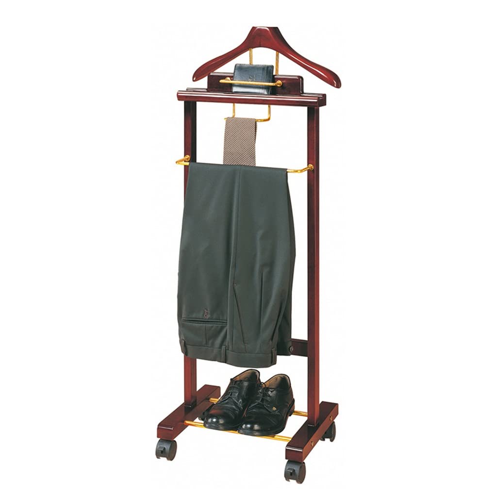 Premium Wooden Suit Valet Stand with Wheels - Mahogany Wardrobe Organizer with Top Tray, Contour Hanger, Trouser Bar, Tie/Belt Rack & Shoe Storage (46