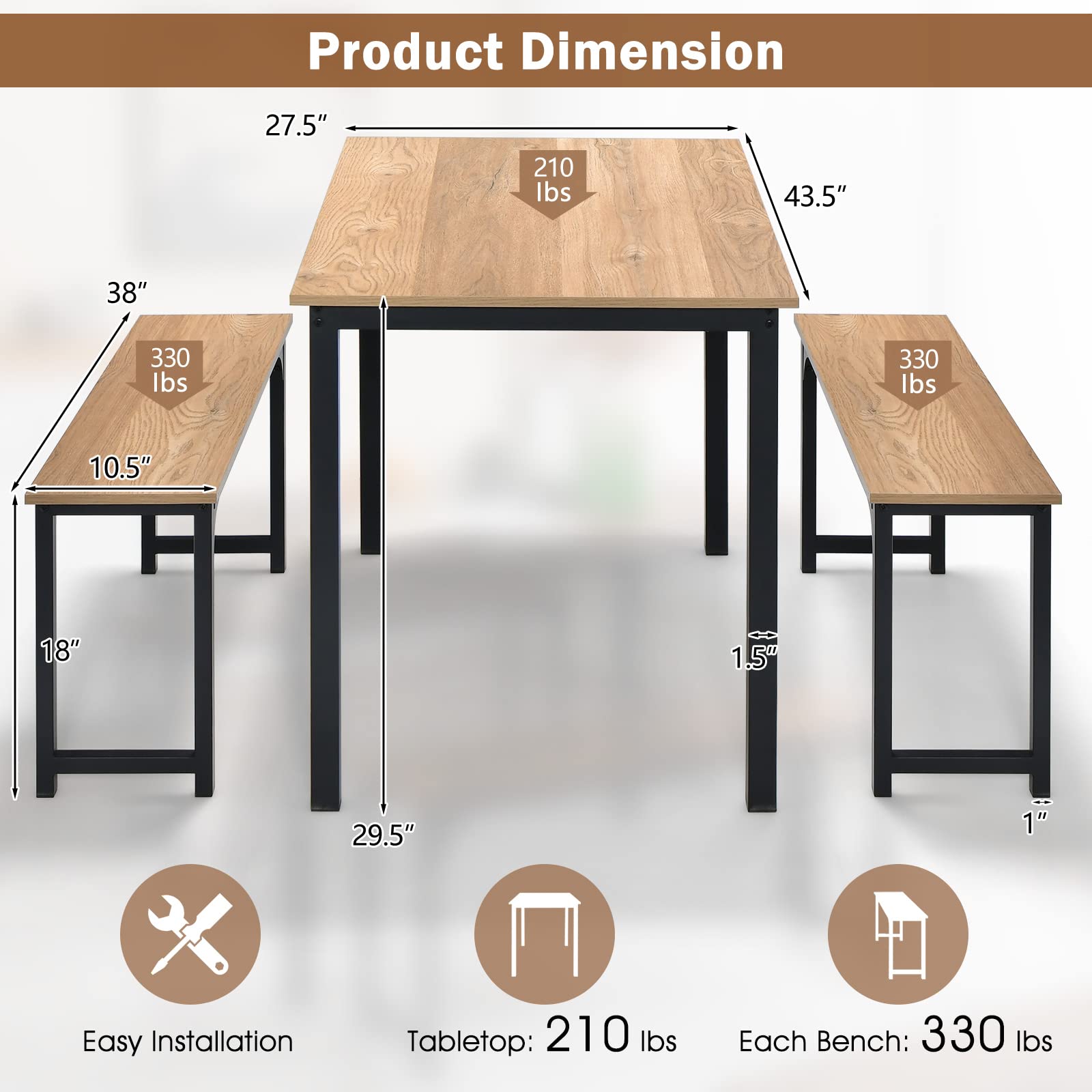 Modern Industrial Dining Table Set for 4 with 2 Benches - 3-Piece Kitchen Table with Metal Frame & Wood Tabletop - Industrial Brown & Black - Perfect for Small Spaces, Apartments, and Modern Farmhouse Dining Rooms