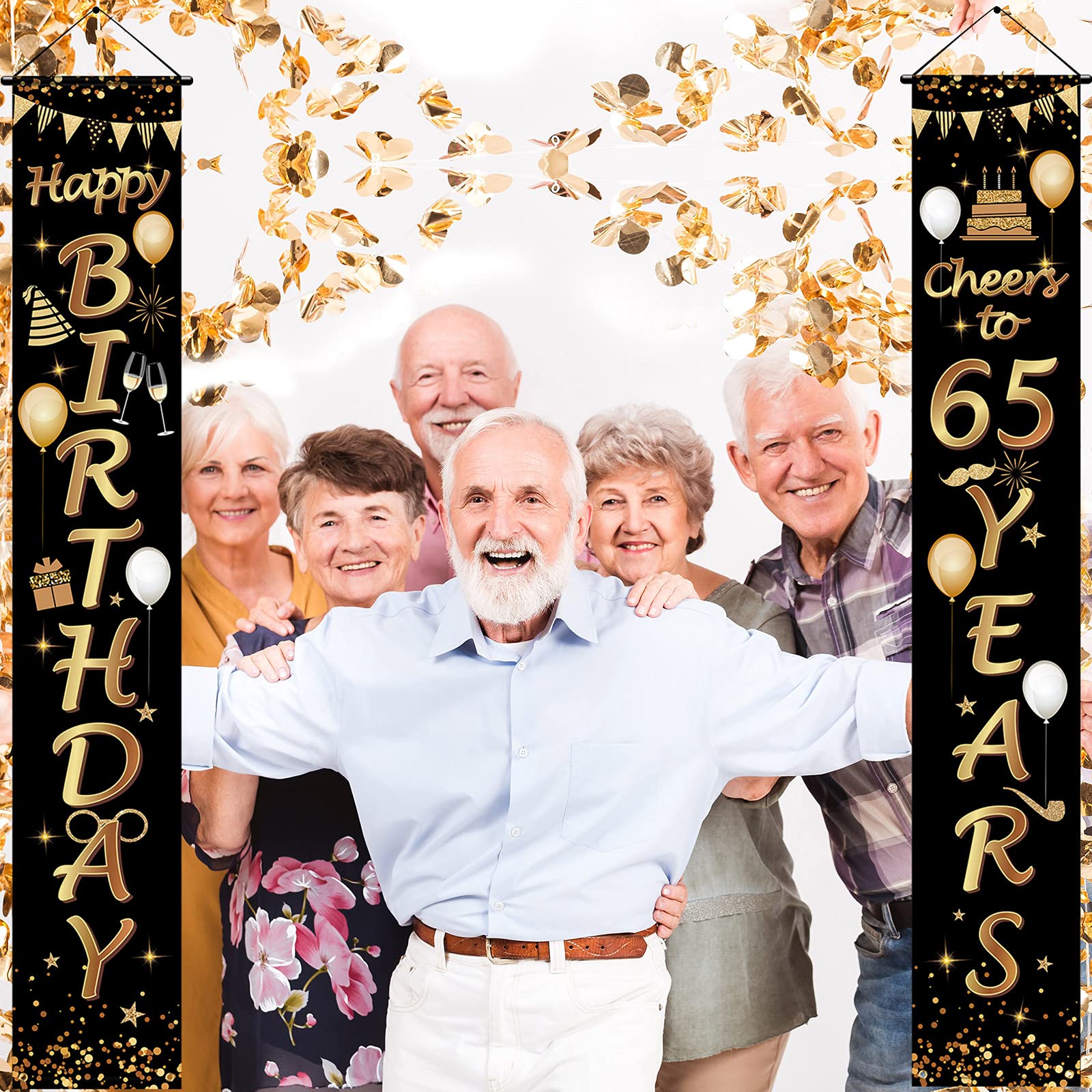 2-Pack Black & Gold 65th Birthday Party Decorations - Cheers to 65 Years Banner & Porch Sign (71