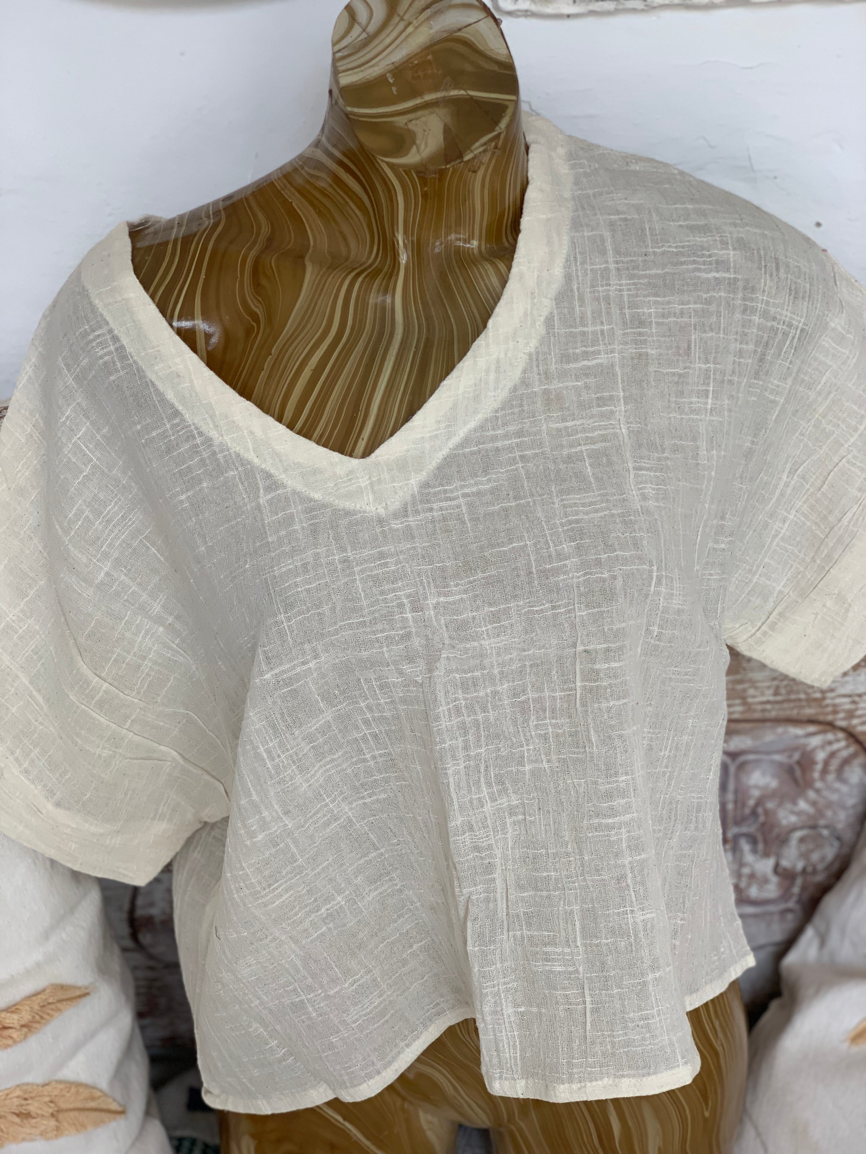Linen V-Neck Shirt Blouse for Women - Off White | Breathable & Comfortable Summer Top for Casual Outings & Office Wear