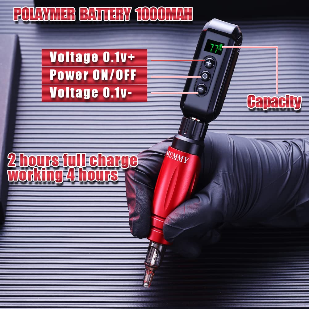 Professional Mummy Tattoo Machine Pen Kit with Power Supply & Battery - 10pcs Tattoo Cartridge Needles (Red) - Perfect for Tattoo Artists & Beginners, Home & Studio Use