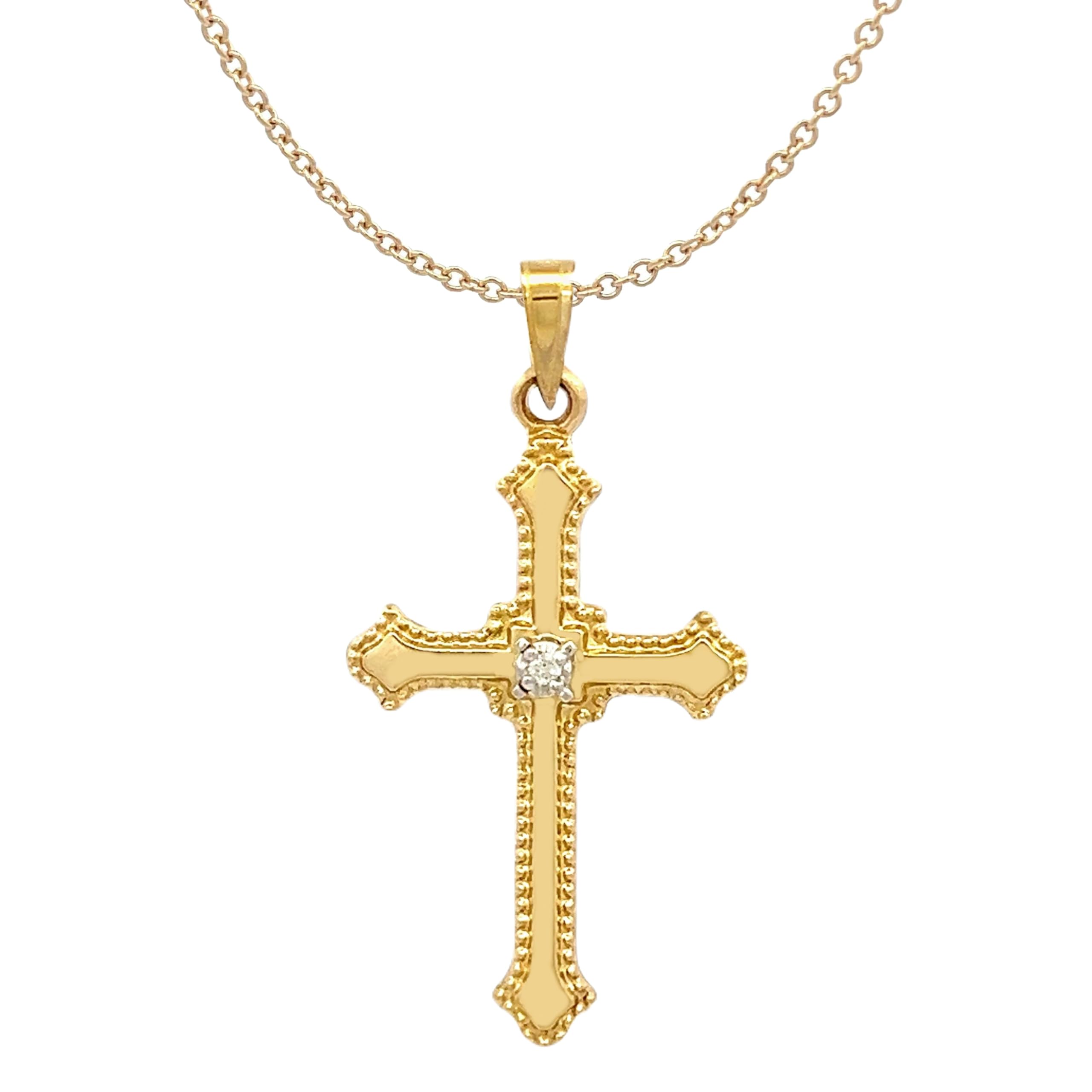 14K Yellow Gold Diamond Cross Pendant Necklace - Polished Budded Edges, Religious Jewelry for Women & Men - Fine Gift with 0.01ct Total Carat Weight - Perfect for Baptism, Confirmation & Spiritual Occasions