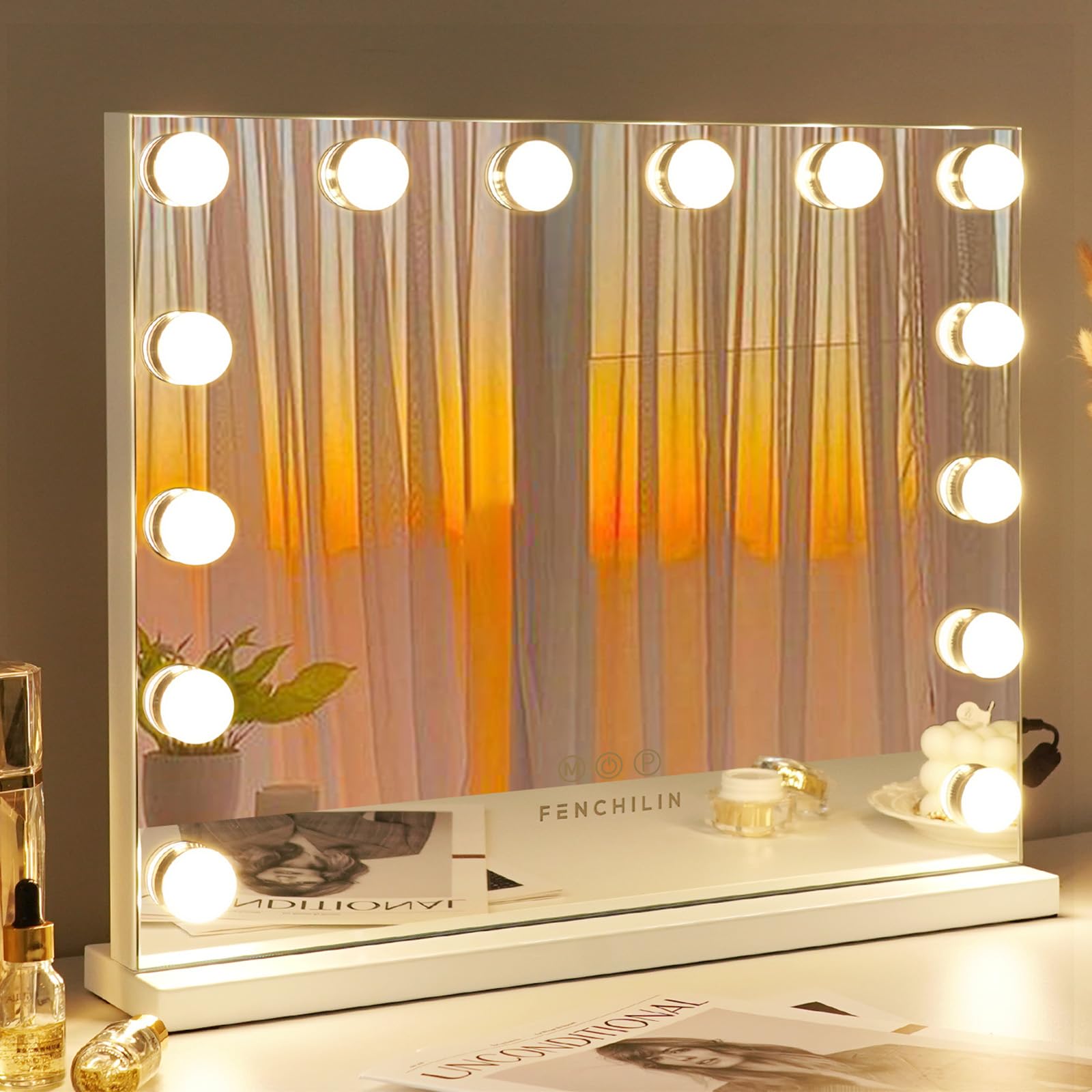 FENCHILIN Hollywood Vanity Mirror with Lights - 14 Dimmable LED Bulbs, 3 Color Modes, Touch Control for Makeup & Skincare - Perfect for Dressing Room, Bedroom & Bathroom (White)