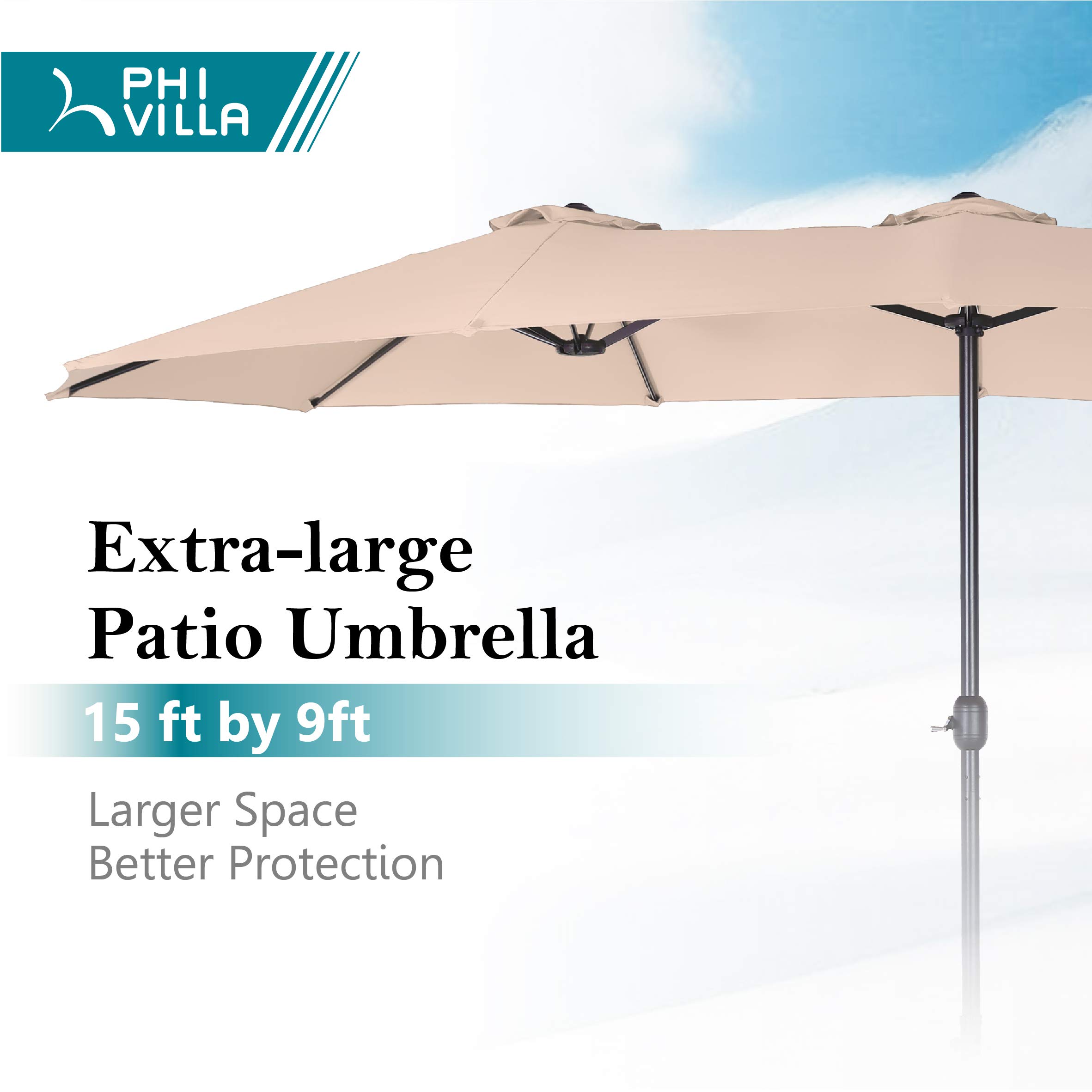 PHI VILLA 15ft Large Patio Umbrella with Base - Outdoor Double-Sided Beige for Garden & Poolside