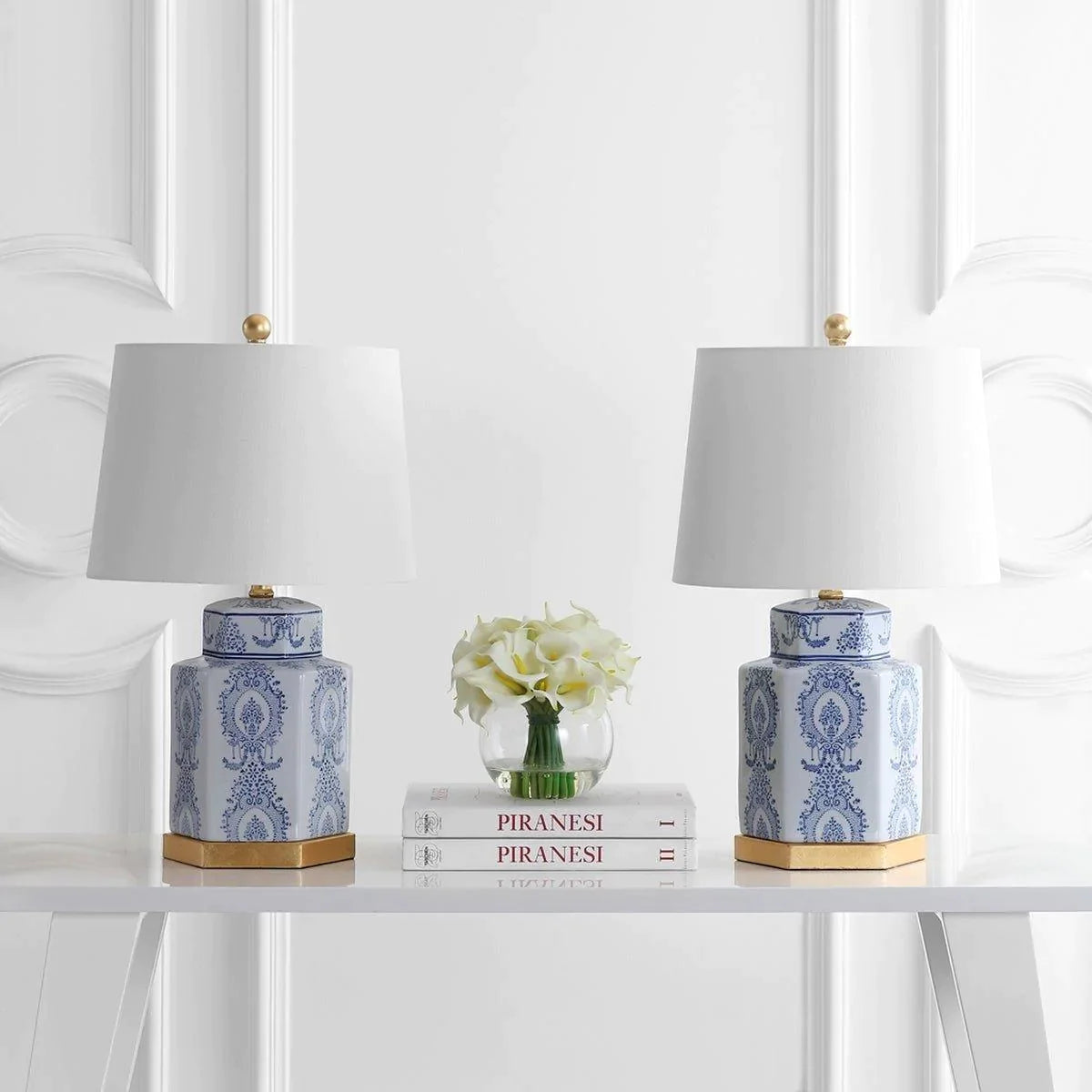 Blue and White Lapis Ceramic Table Lamp with Gold Accent - Set of 2, Elegant Home Decor for Living Room, Bedroom, or Office Lighting