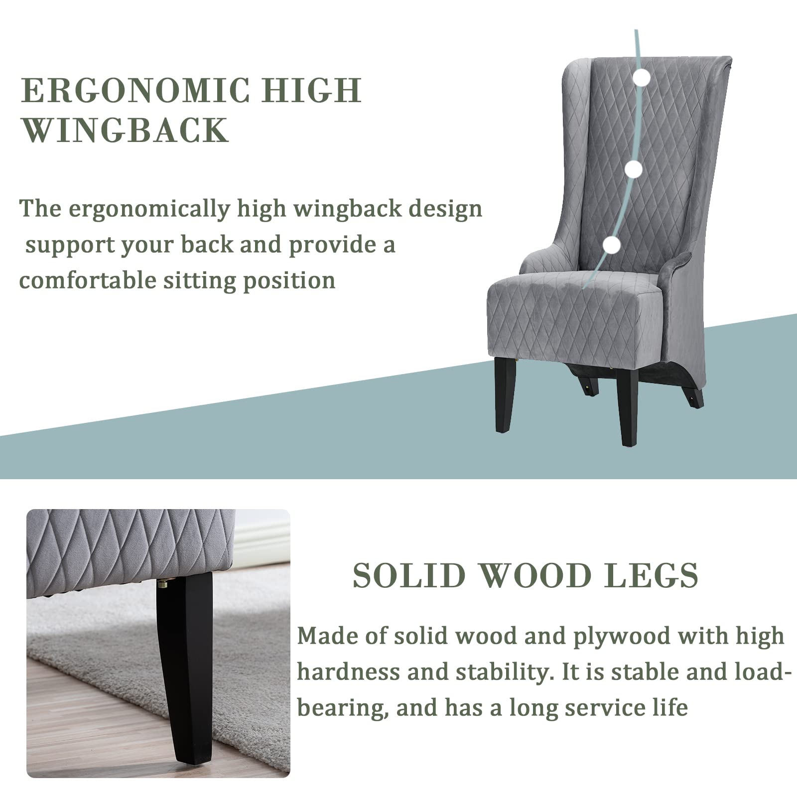 Wing Back Dining Chair - High Back Velvet Upholstered Side Chair for Living Room, Retro Accent Armless Throne Seat in Grey | Perfect for Bedroom, Dining Room, Banquet & Dinner Parties