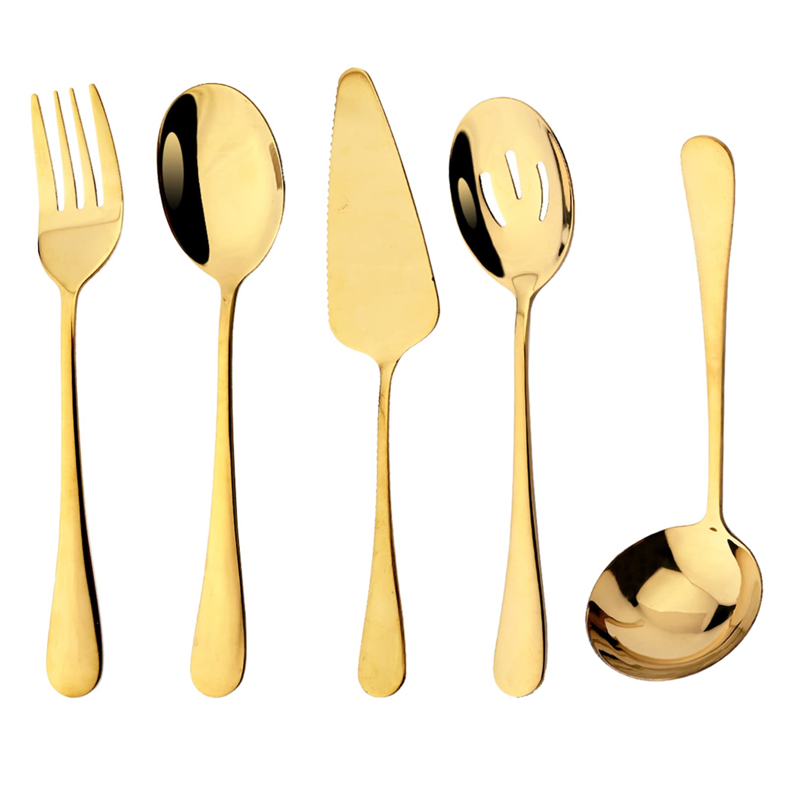 Premium 5-Piece Stainless Steel Flatware Serving Set - Gold Hostess Silverware with Cake Server, Slotted Spoon, Meat Fork & Soup Ladle - Dishwasher Safe - Perfect for Dinner Parties, Buffets & Formal Dining