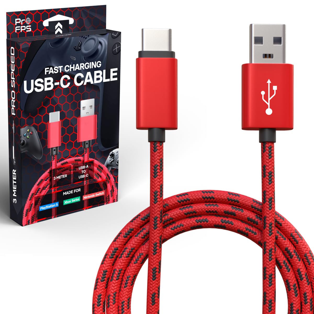 Fast Charging USB C Cable 3m - 5A Nylon Braided USB C to USB A Cable for PS5 Controller, Playstation 5, Xbox & More - Durable 3Meter USB Type C Charger Cord for Gaming & Mobile Devices - Perfect for Home, Office & Travel Charging