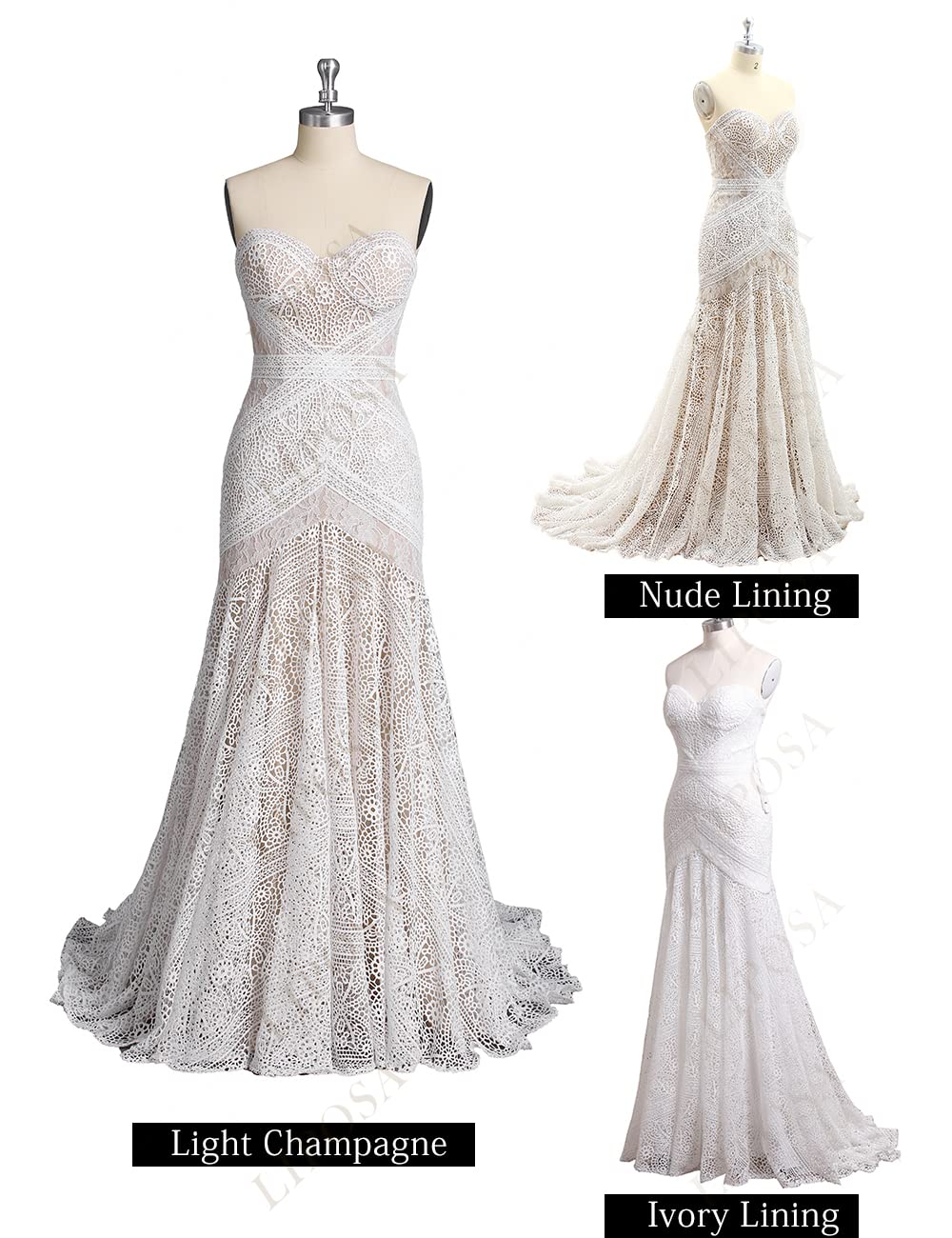 LIPOSA Women's Bohemian Wedding Dress with Detachable Arm Bands - Sweetheart Neckline Mermaid Lace Bridal Gown for Beach, Garden & Outdoor Ceremonies