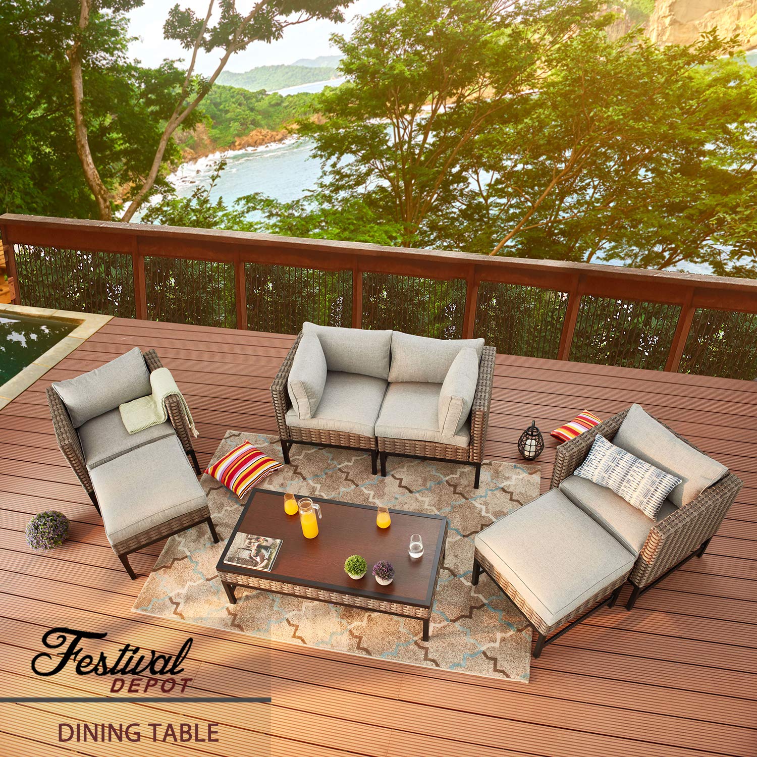 Festival Depot Metal Outdoor Side Coffee Table - Wood Grain Top Wicker Rattan Patio Furniture with Steel Legs in Brown/Black (Rectangle) - Perfect for Garden, Balcony, Living Room & Dining Area Decor